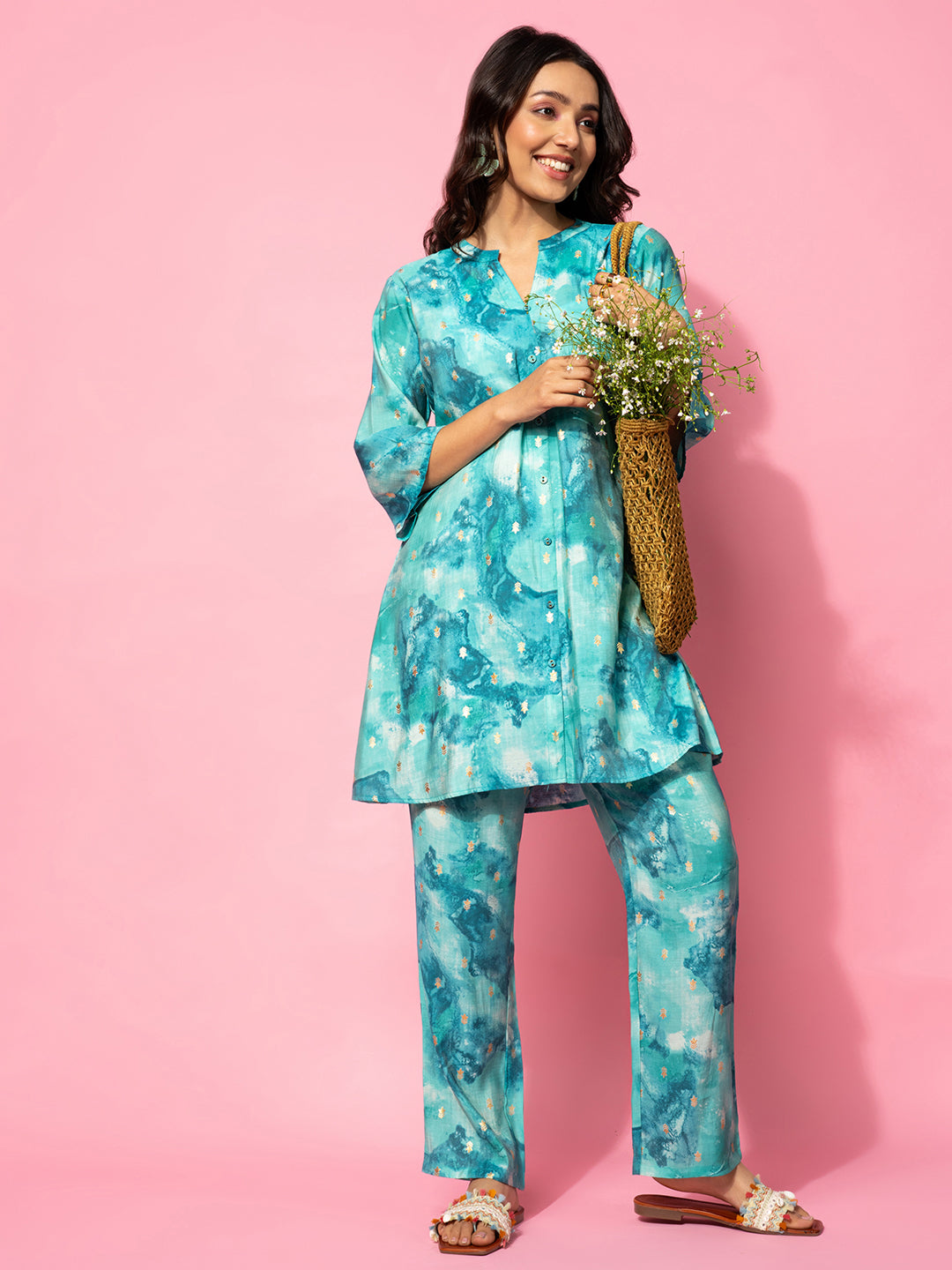 Blue Printed Silk Blend Co-Ords