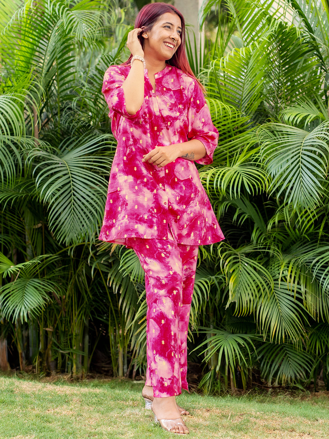 Pink Printed Silk Blend Co-Ords