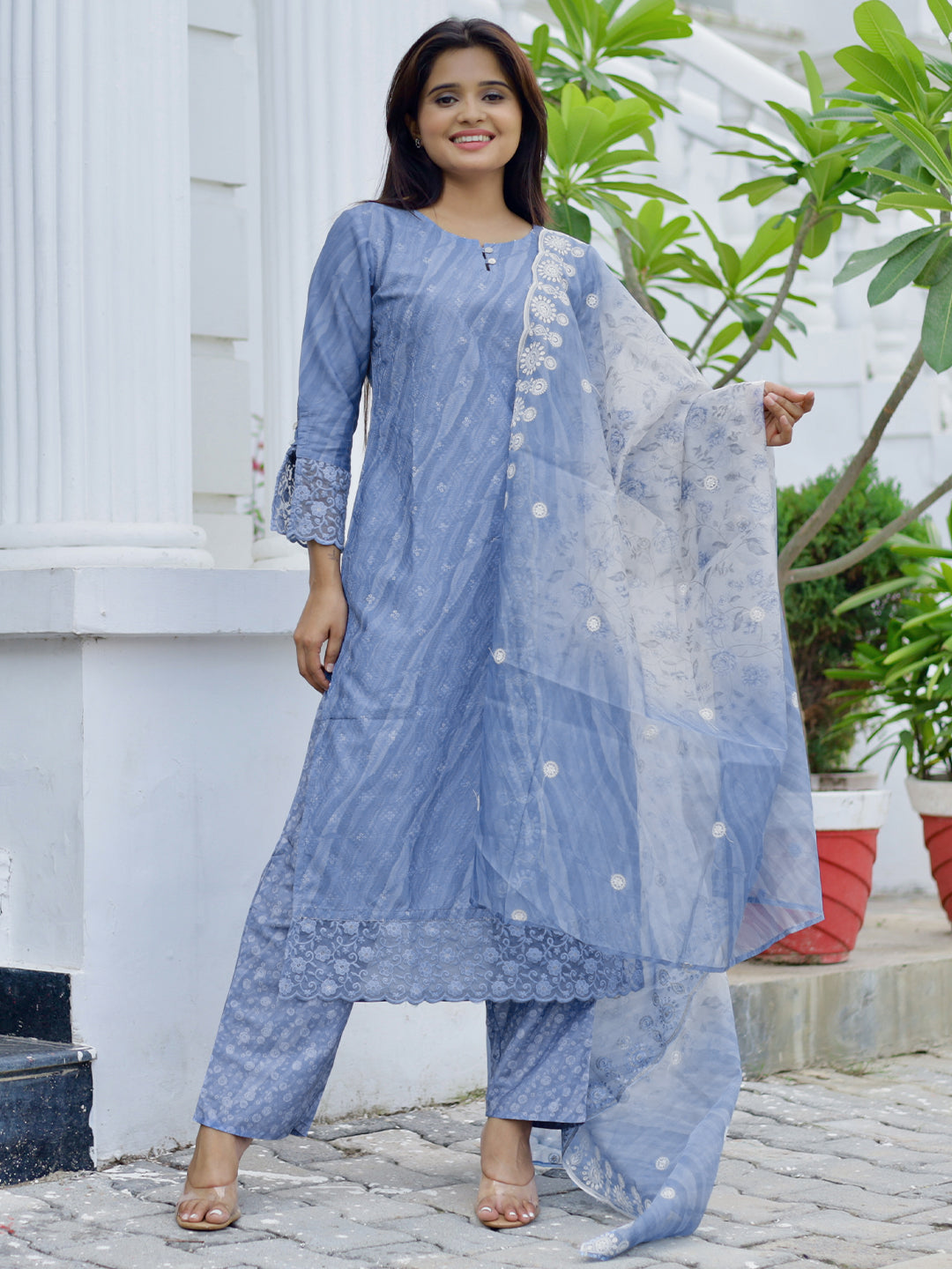 Blue Embroidered Silk Blend Straight Suit With Dupatta