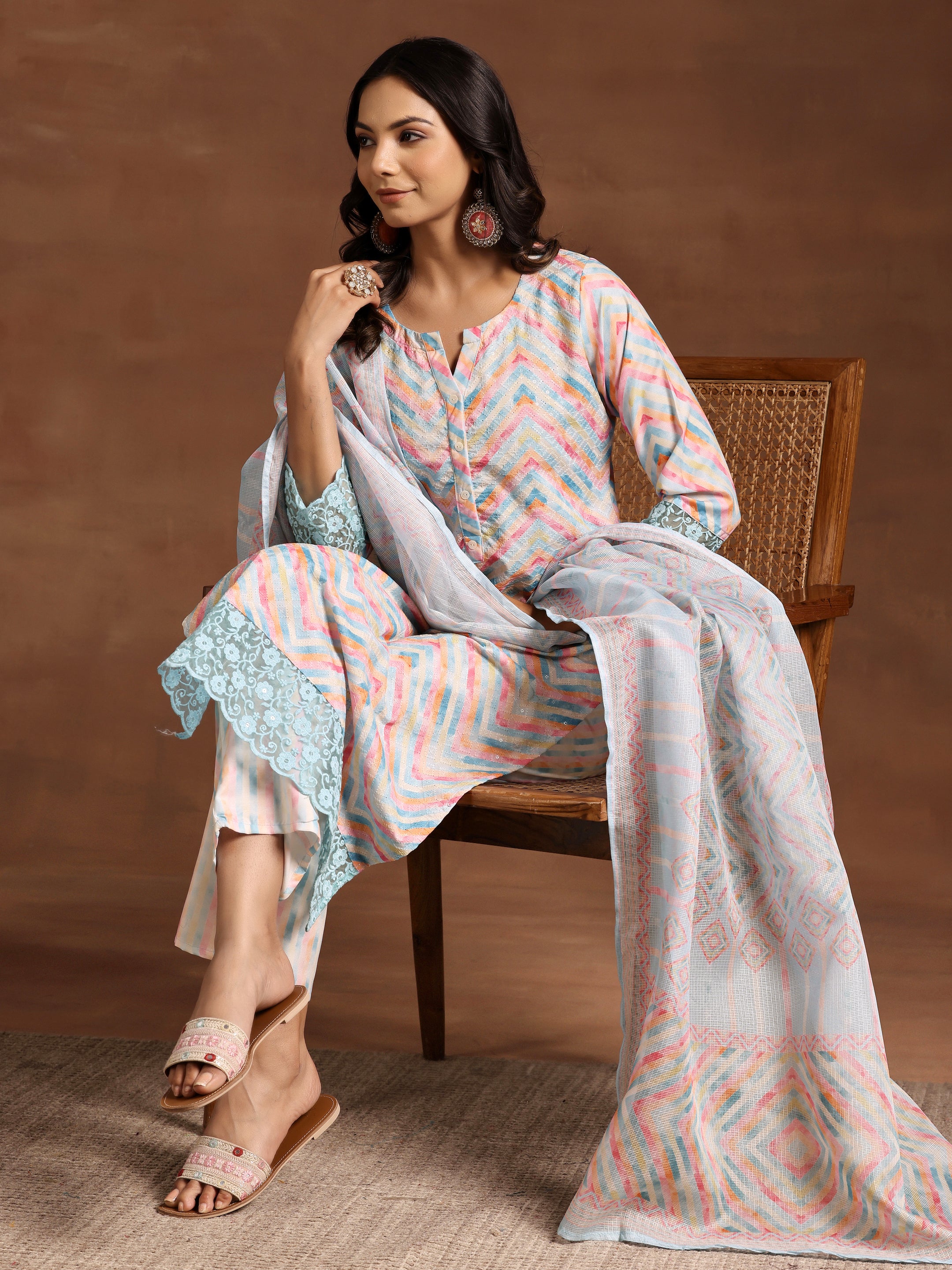 Blue Embroidered Cotton Blend Straight Suit With Dupatta