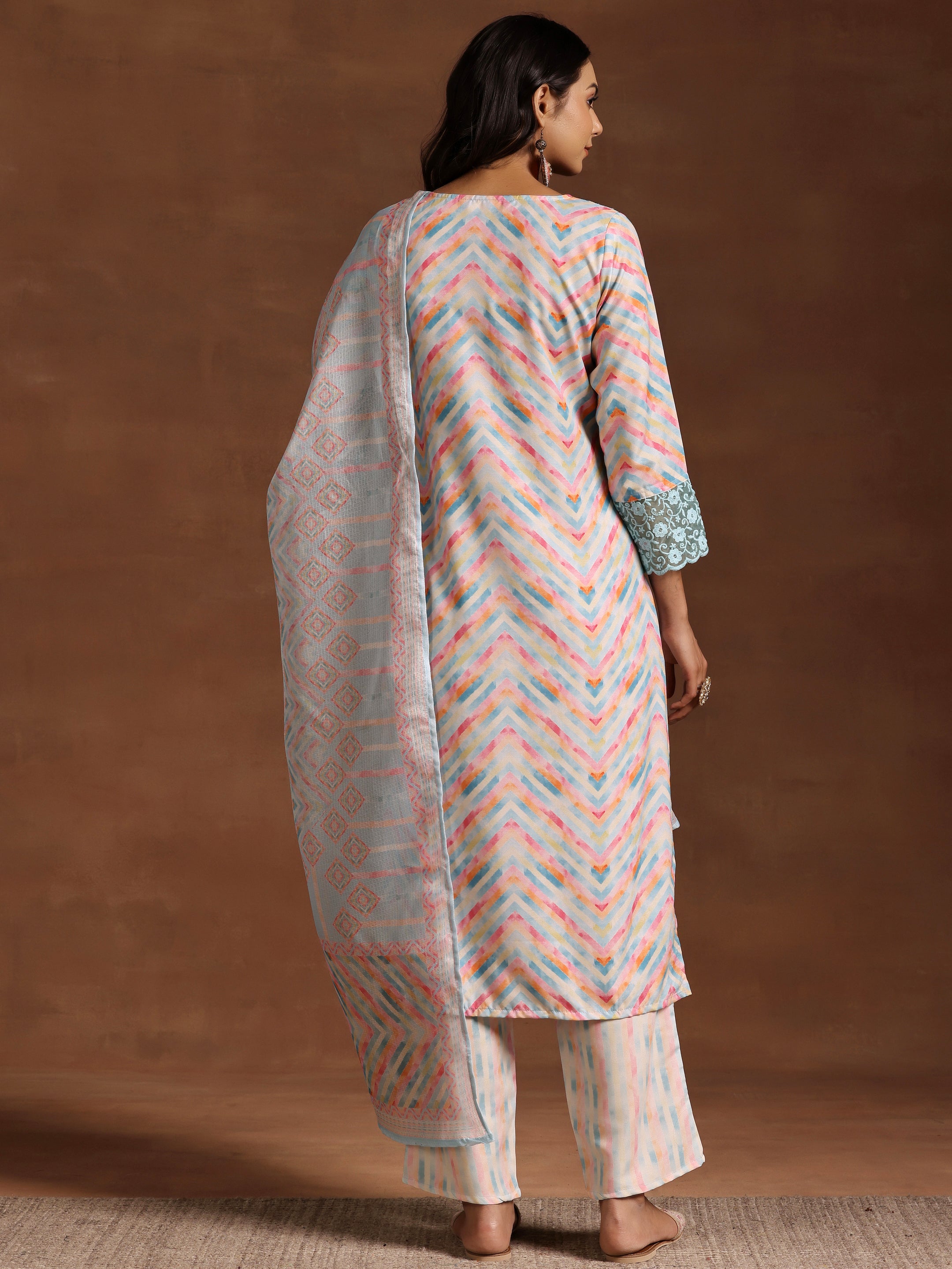 Blue Embroidered Cotton Blend Straight Suit With Dupatta