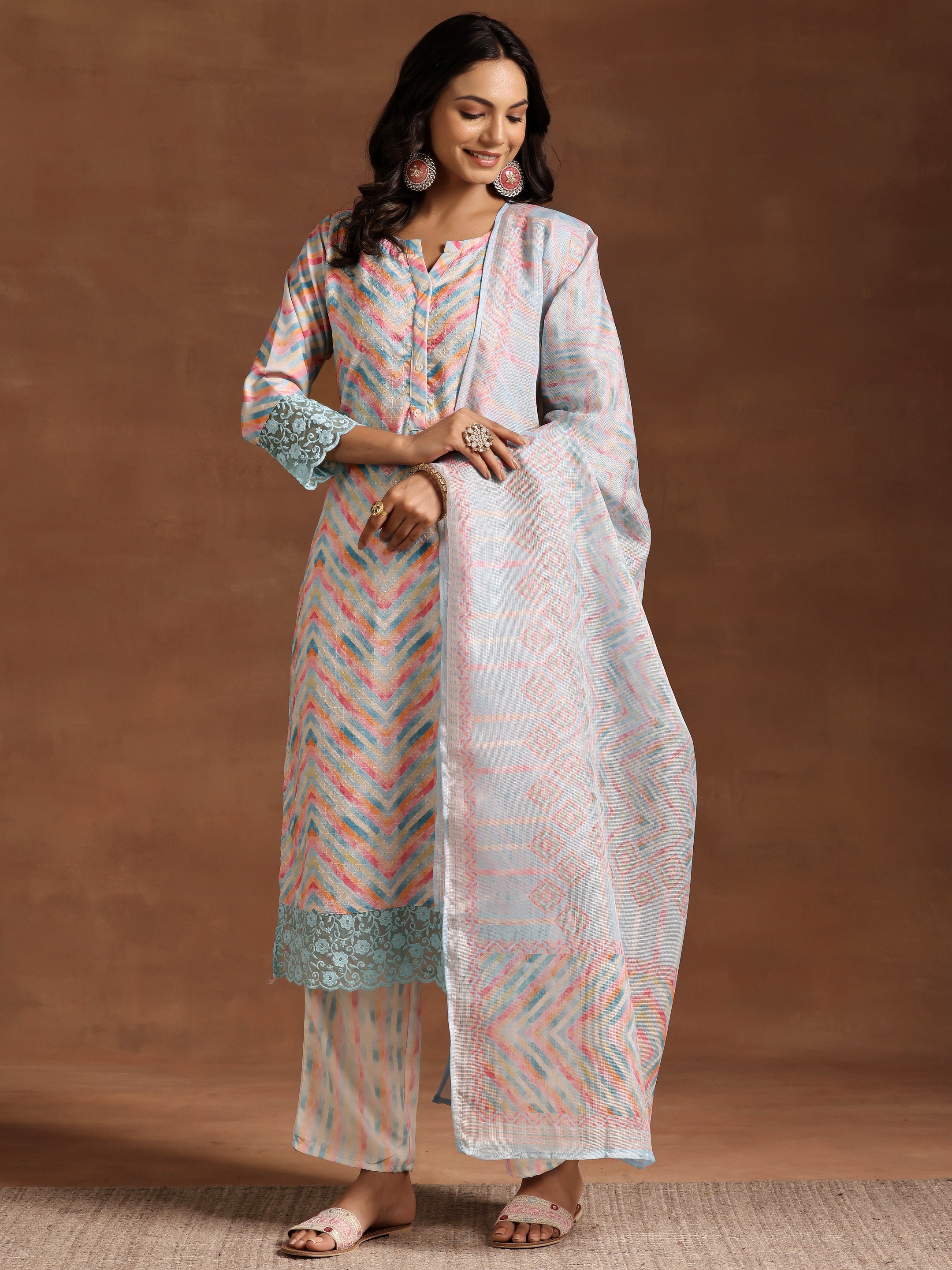 Blue Embroidered Cotton Blend Straight Suit With Dupatta