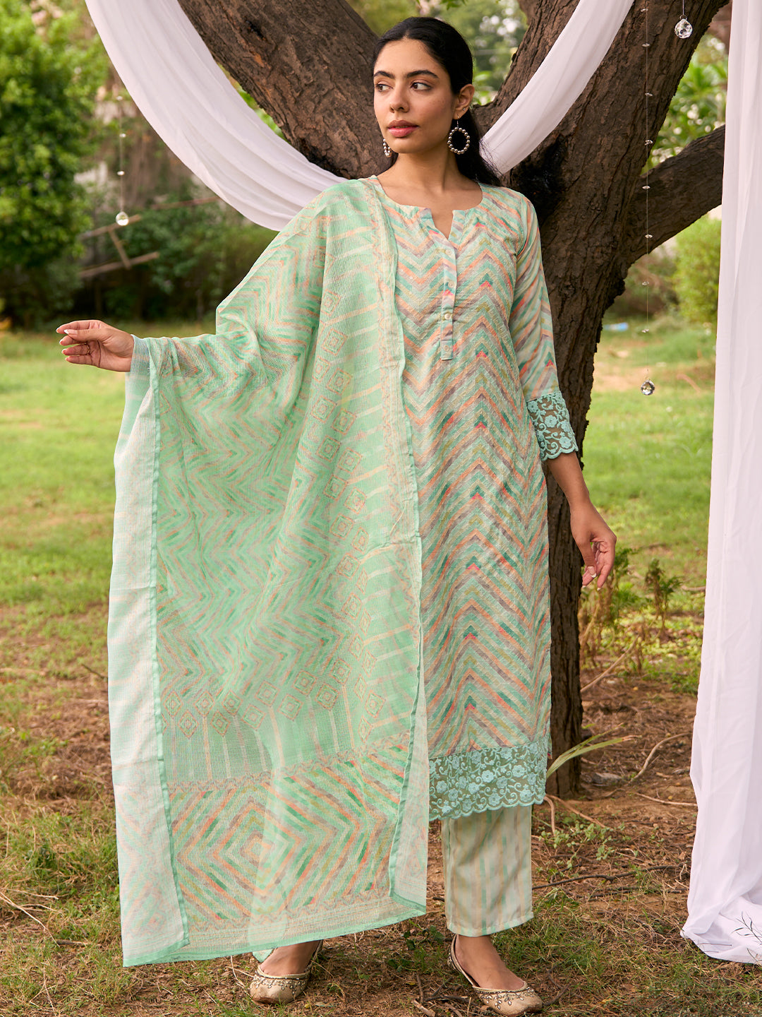 Green Embroidered Cotton Blend Straight Suit With Dupatta