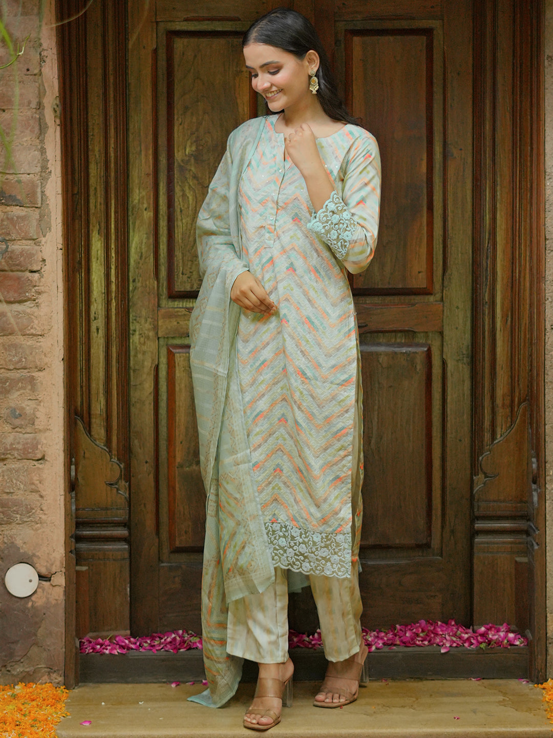 Green Embroidered Cotton Blend Straight Suit With Dupatta