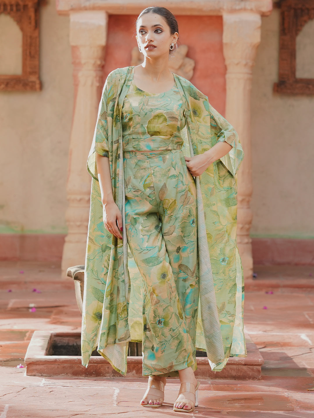 Green Printed Cotton 3 Piece Co-Ords