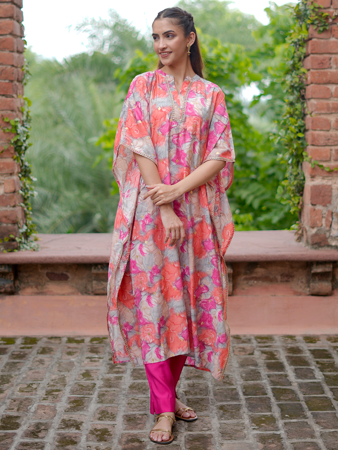 Coral Printed Silk Blend Tunic With Palazzos