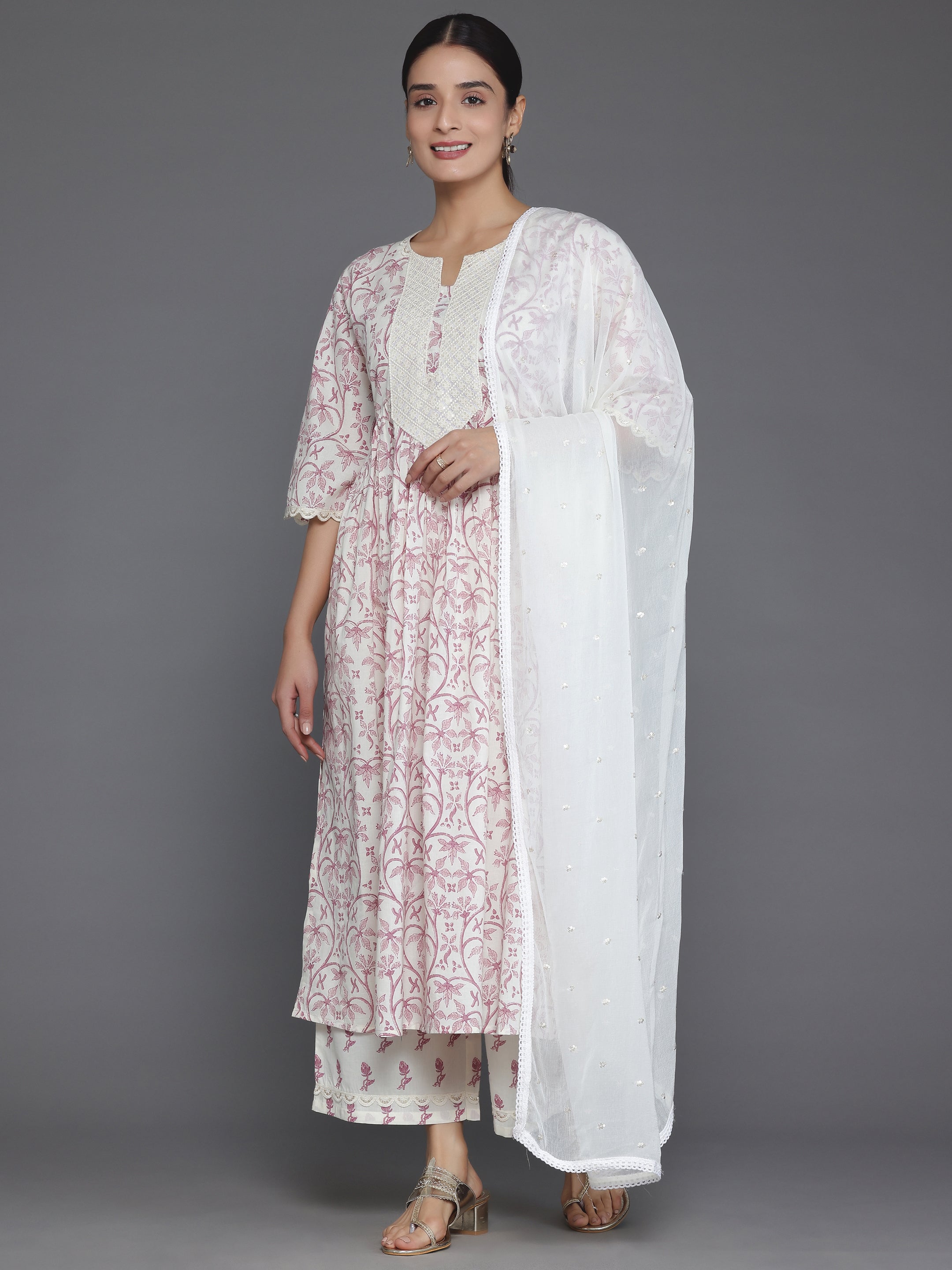 Cream Printed Cotton A-Line Kurta With Palazzos & Dupatta