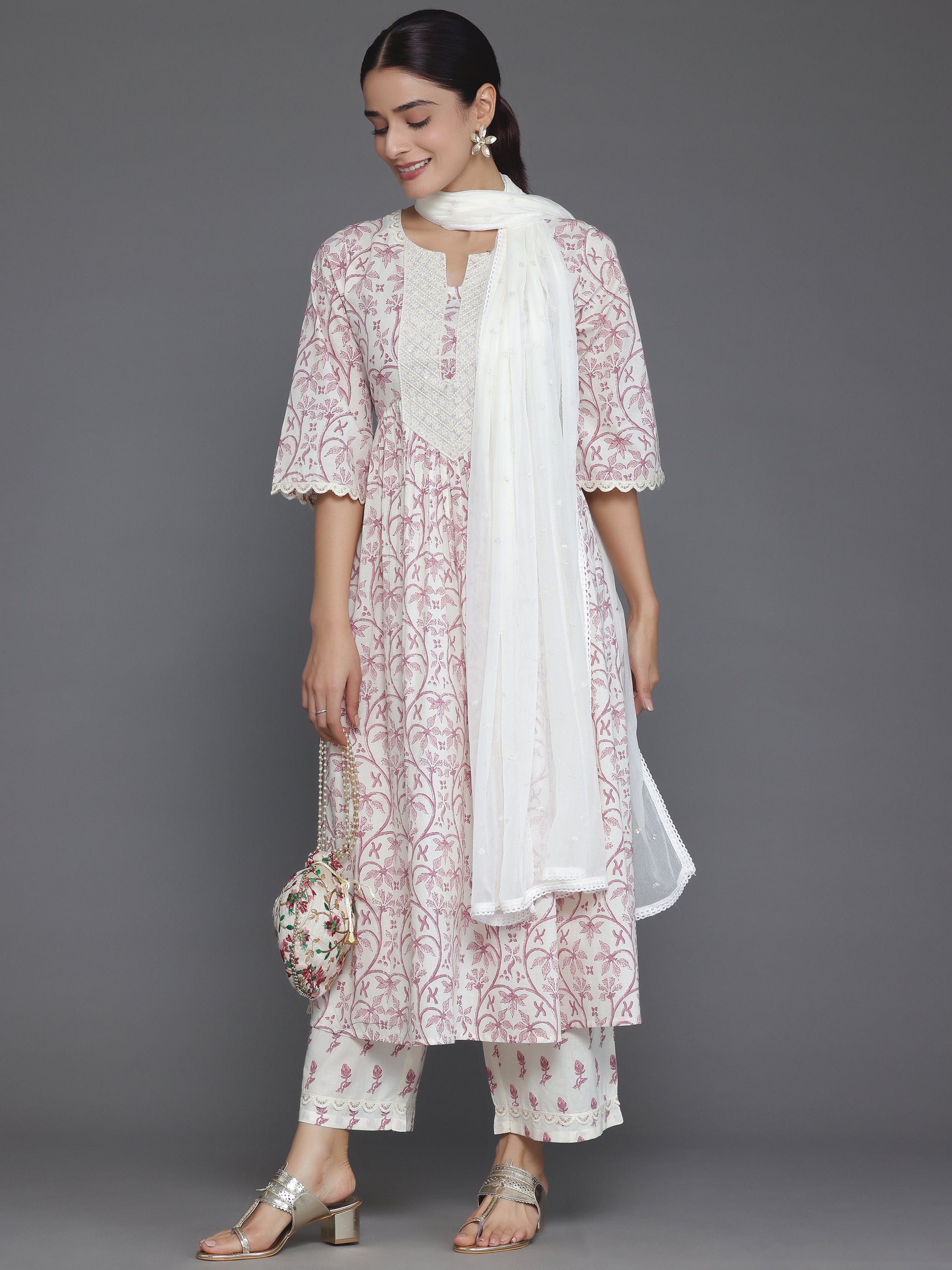 Cream Printed Cotton A-Line Kurta With Palazzos & Dupatta