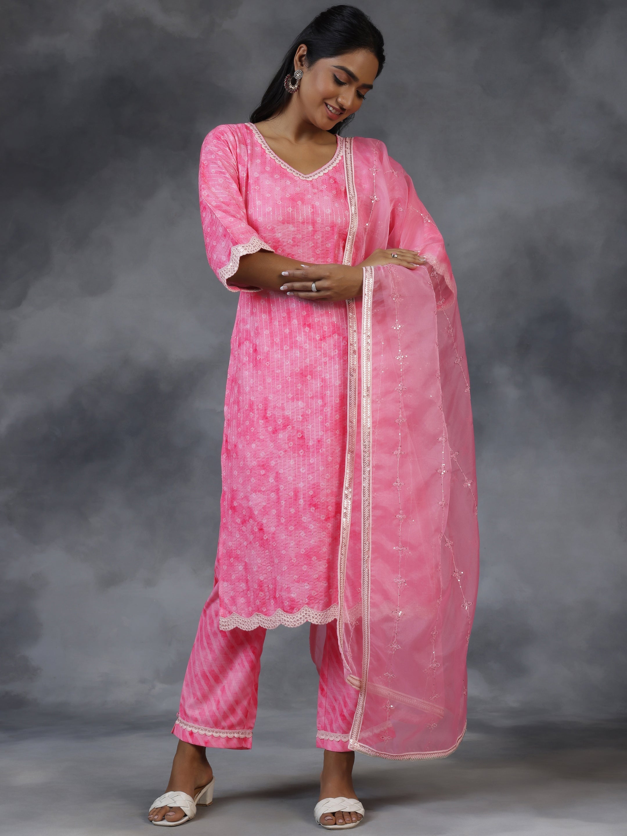 Pink Printed Cotton Straight Suit With Dupatta