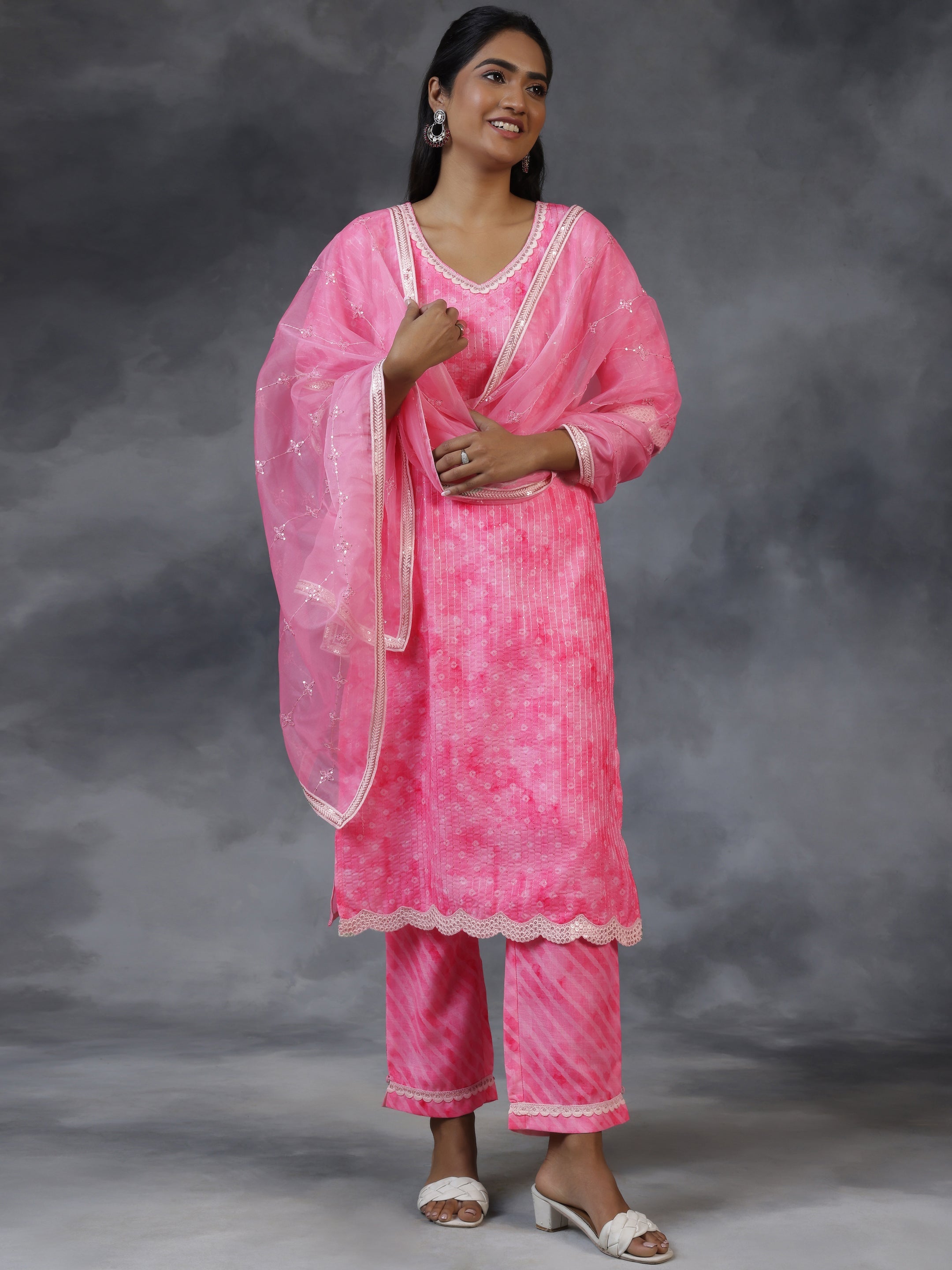 Pink Printed Cotton Straight Suit With Dupatta