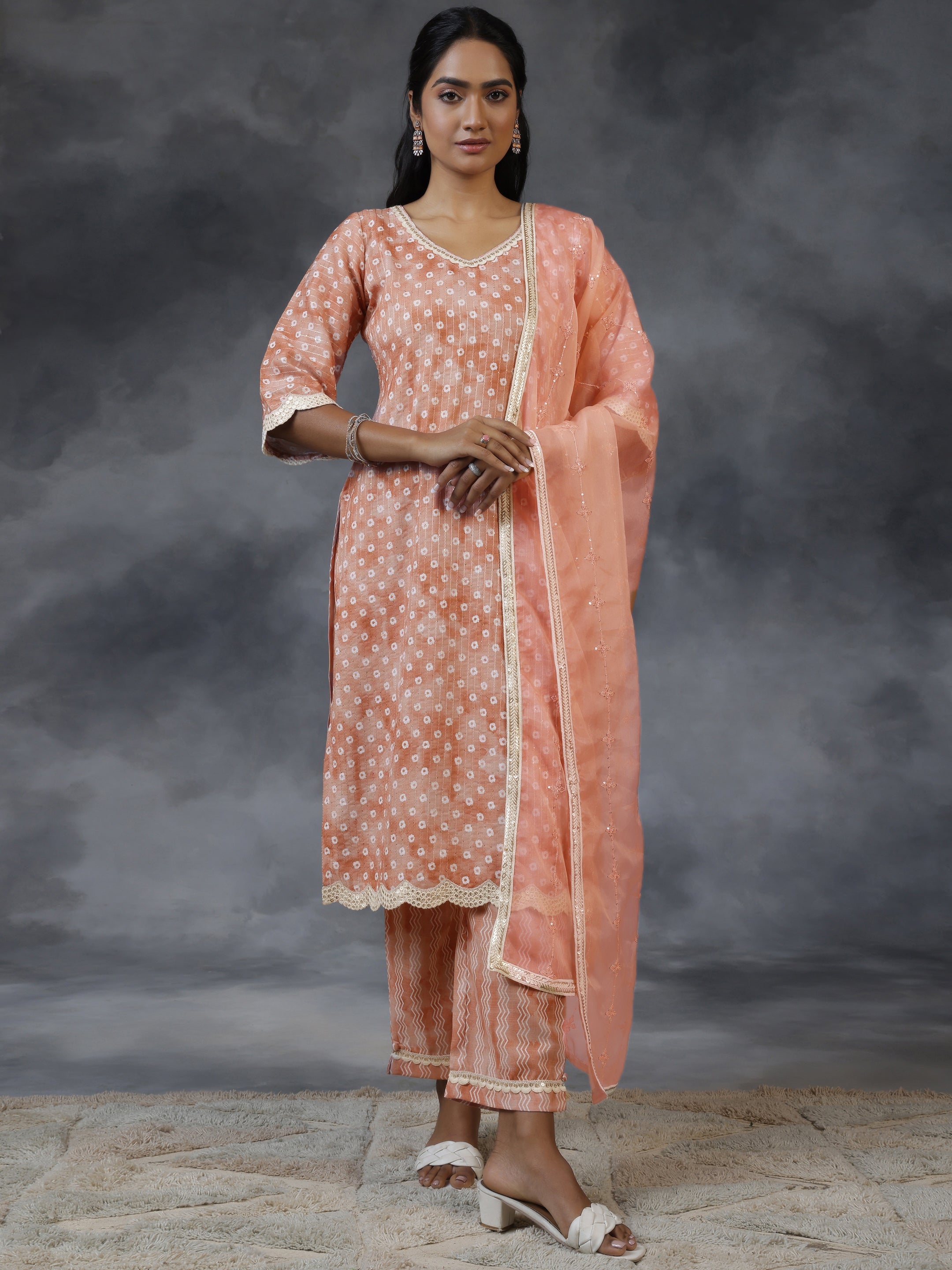 Rust Printed Cotton Straight Suit With Dupatta