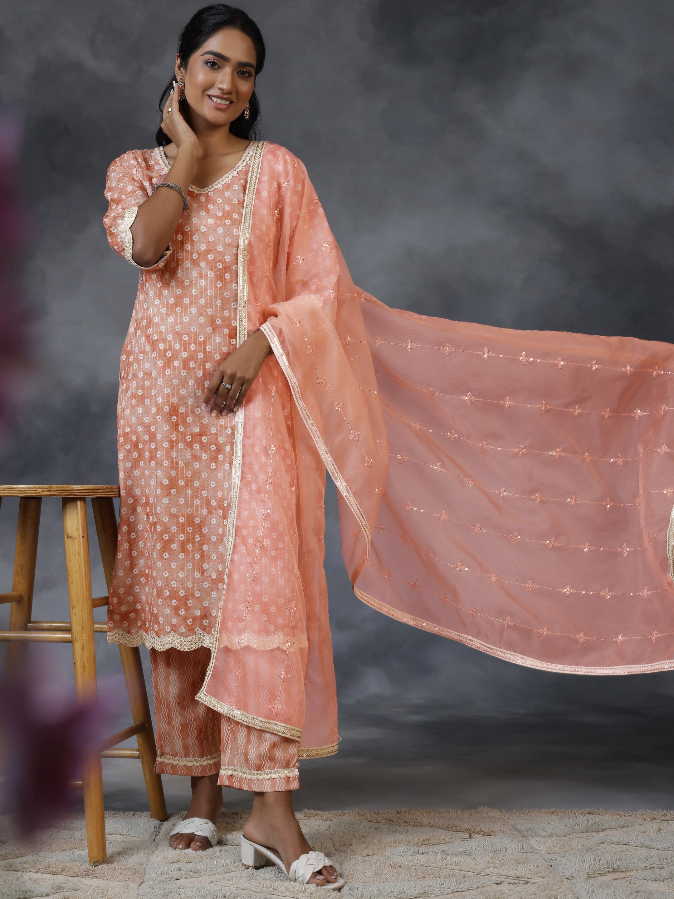 Rust Printed Cotton Straight Suit With Dupatta