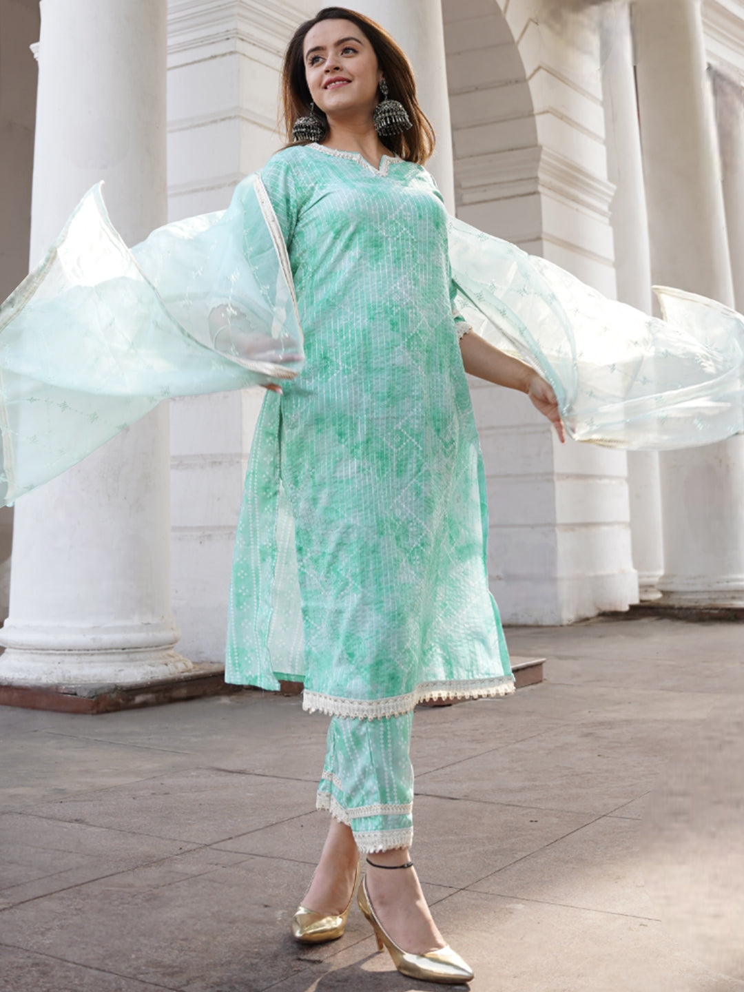 Green Printed Cotton Straight Suit With Dupatta