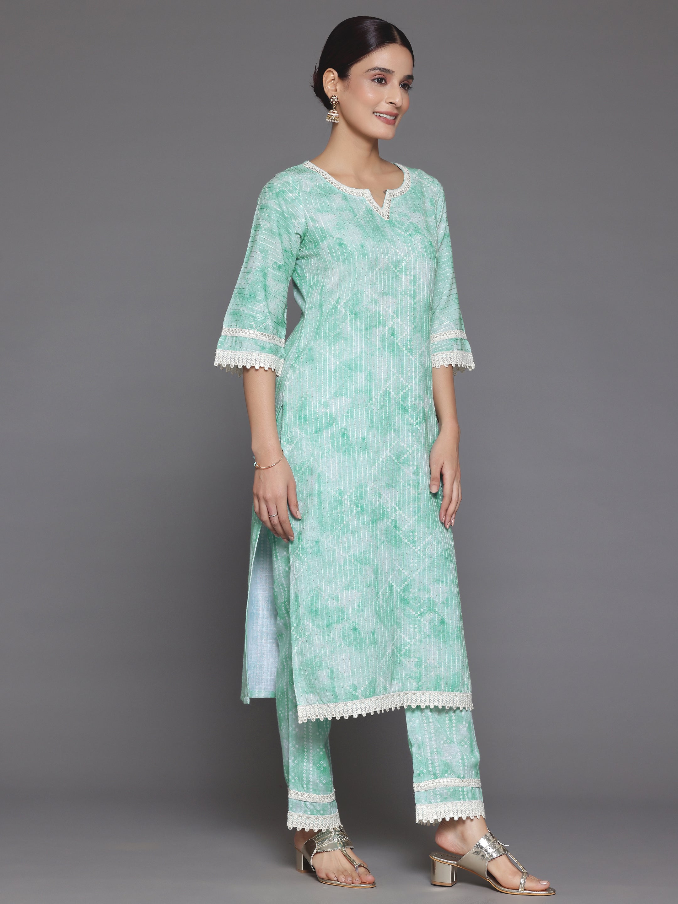 Green Printed Cotton Straight Suit With Dupatta