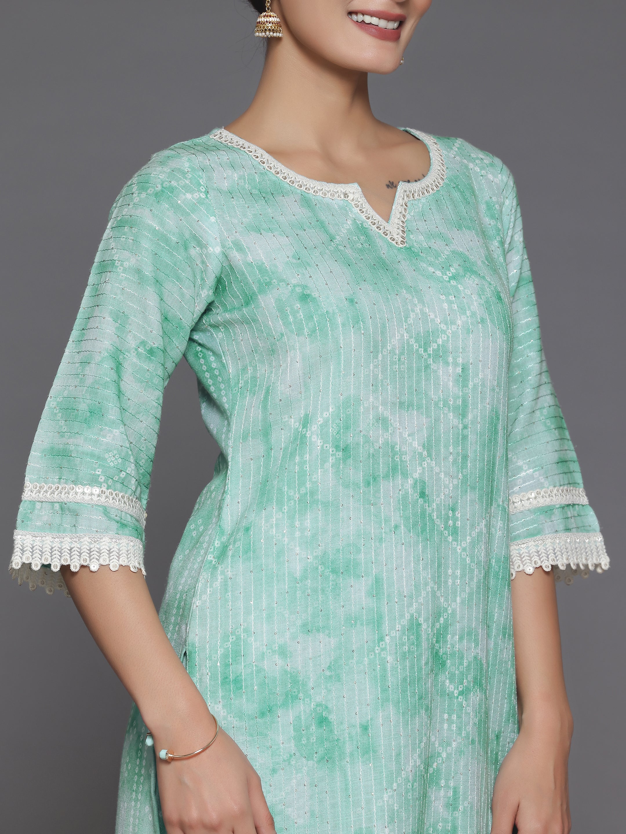 Green Printed Cotton Straight Suit With Dupatta