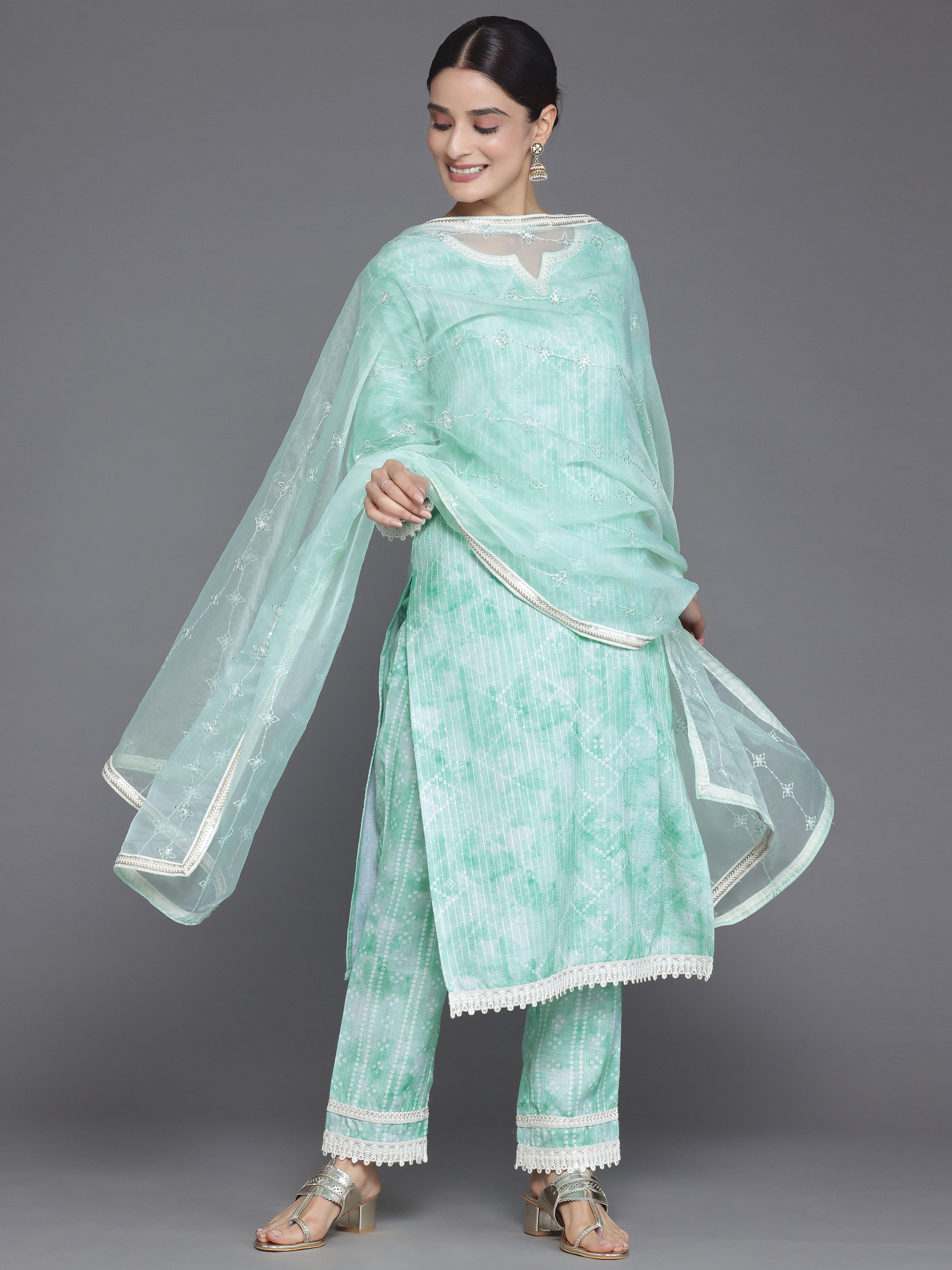 Green Printed Cotton Straight Suit With Dupatta