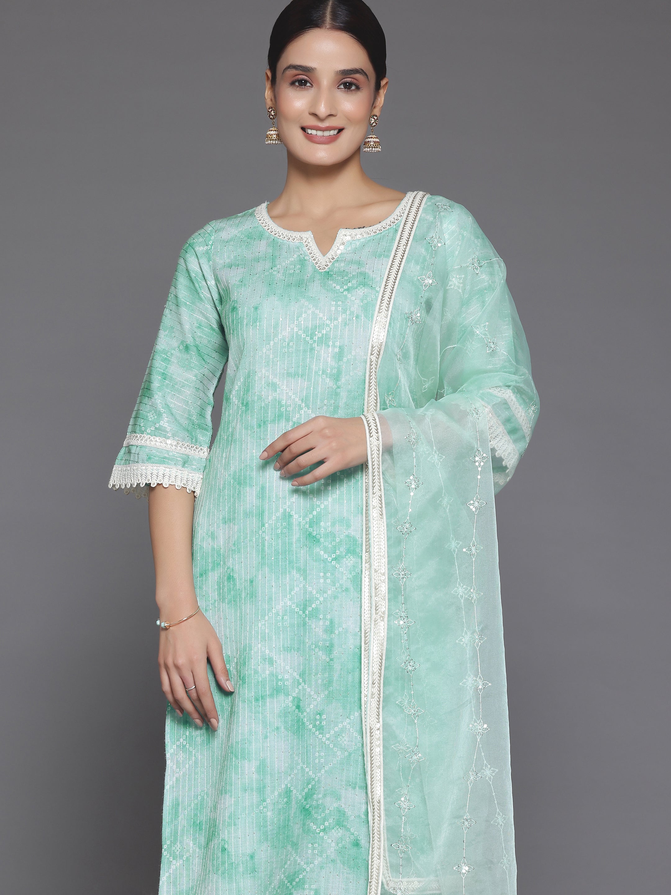 Green Printed Cotton Straight Suit With Dupatta