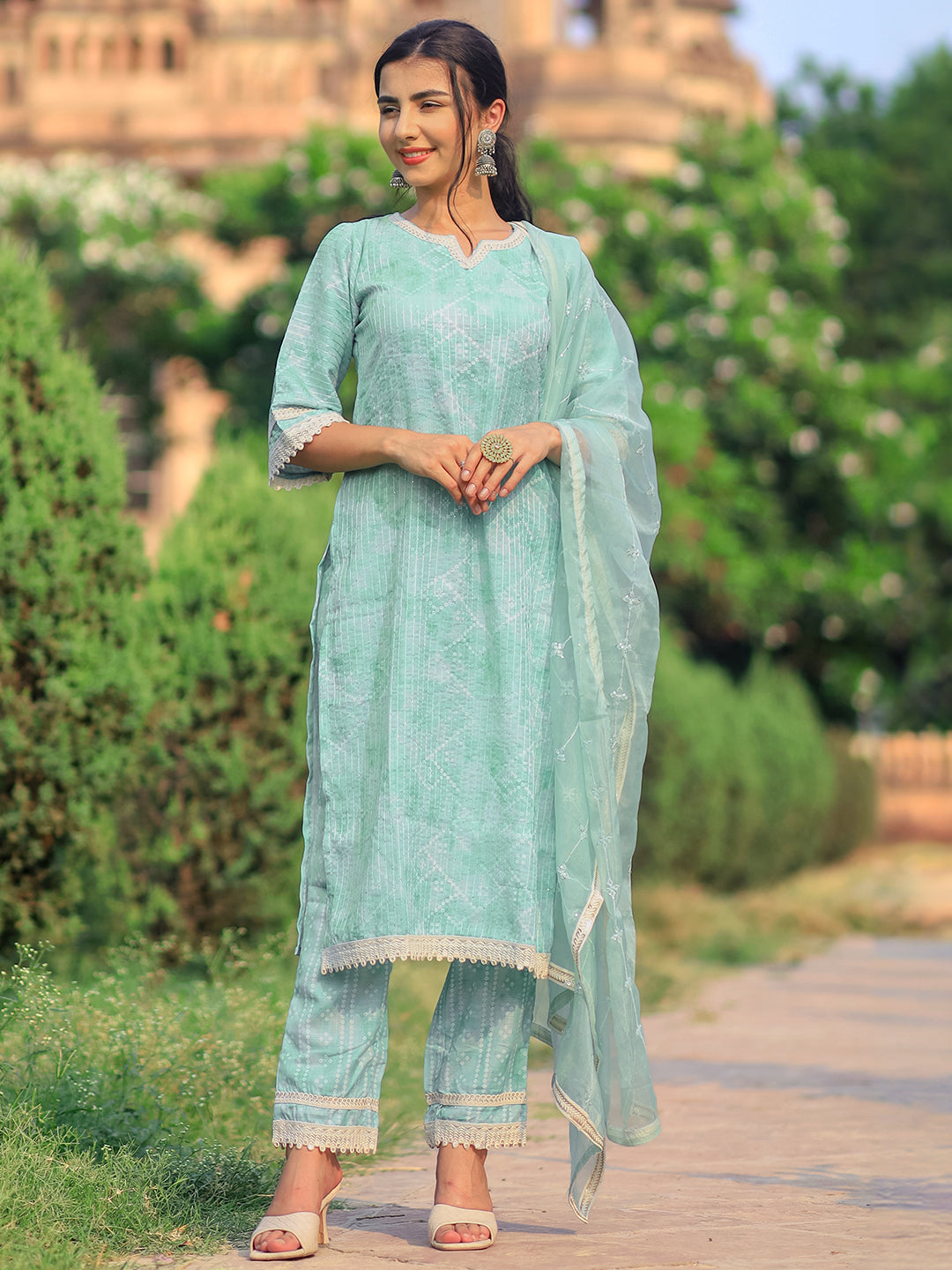 Green Printed Cotton Straight Suit With Dupatta