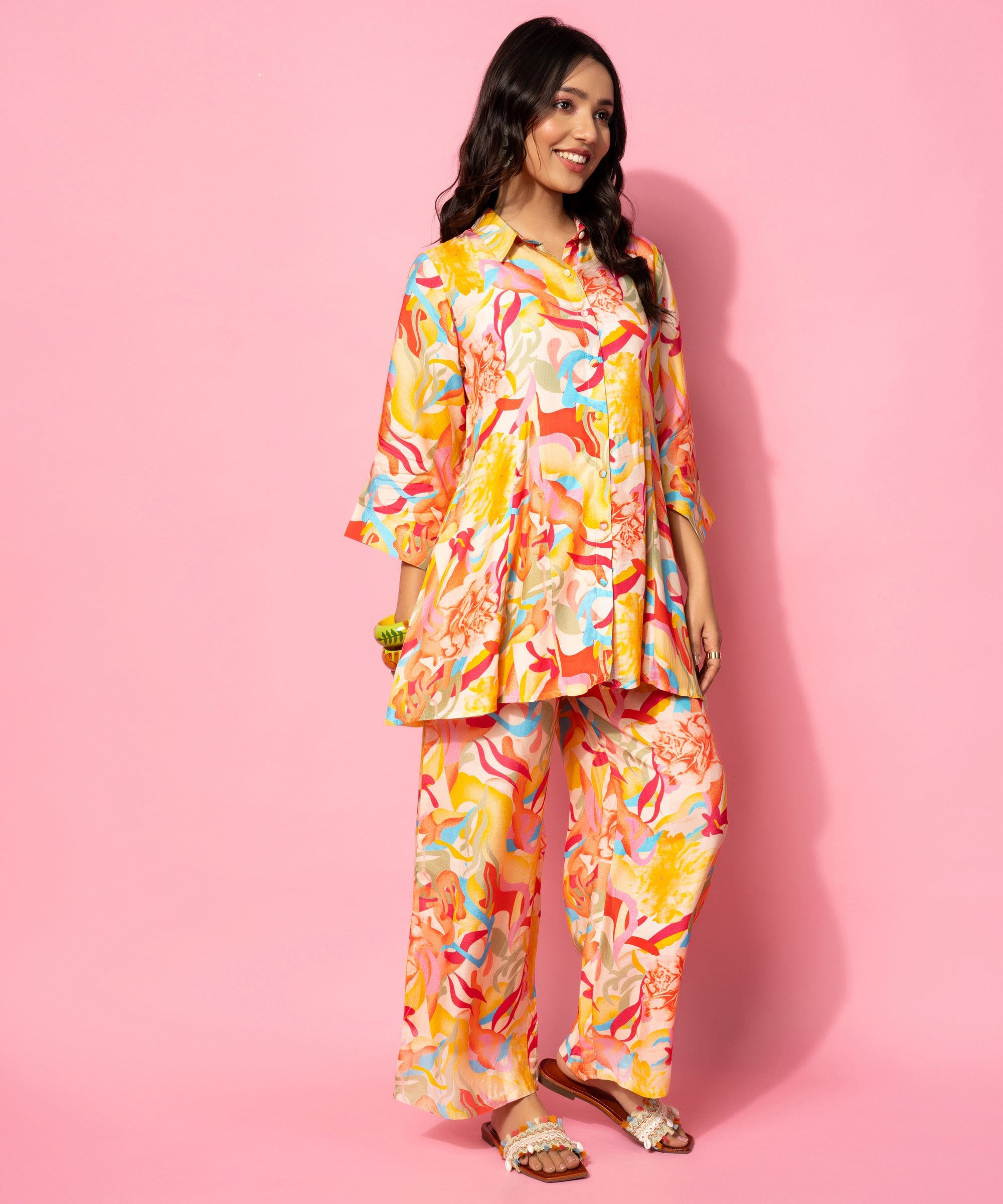 Multicoloured Printed Silk Blend Co-Ords