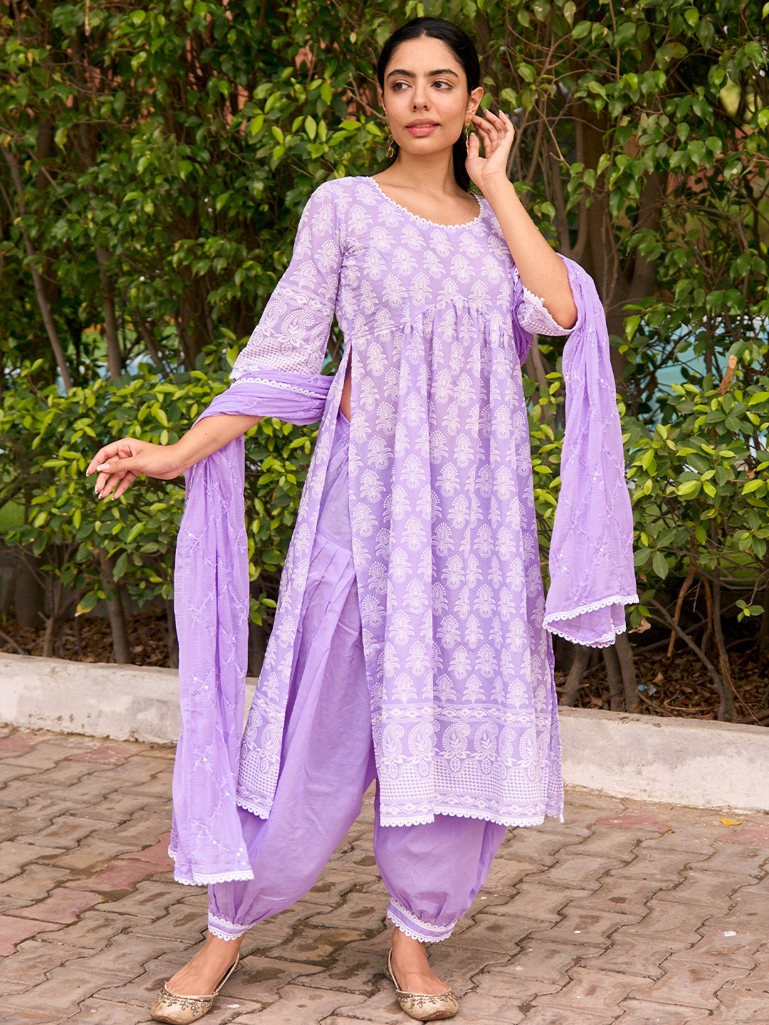 Purple Embroidered Cotton A-Line Kurta With Salwar & Dupatta