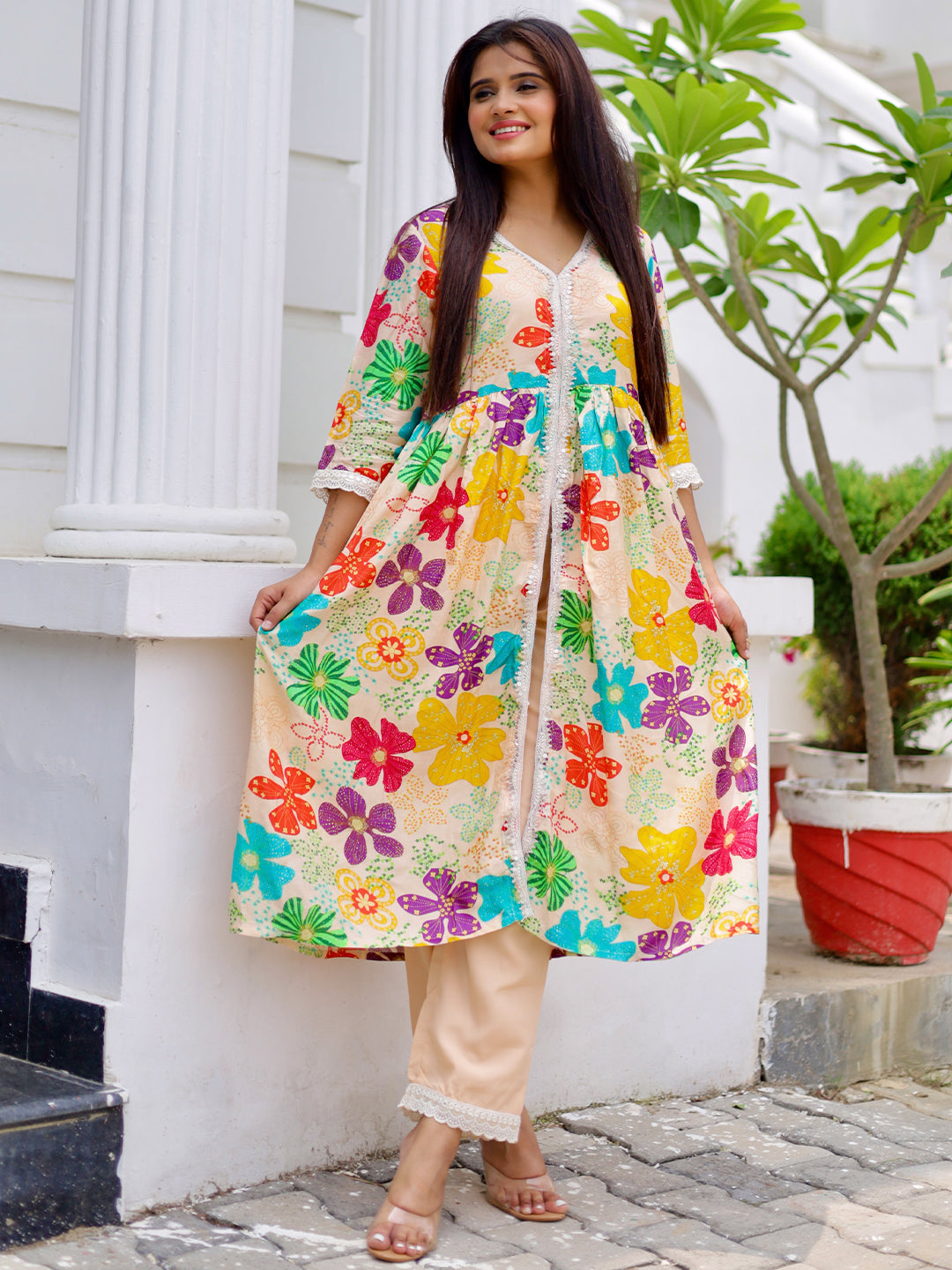 Beige Printed Silk Blend A-Line Kurta With Palazzos