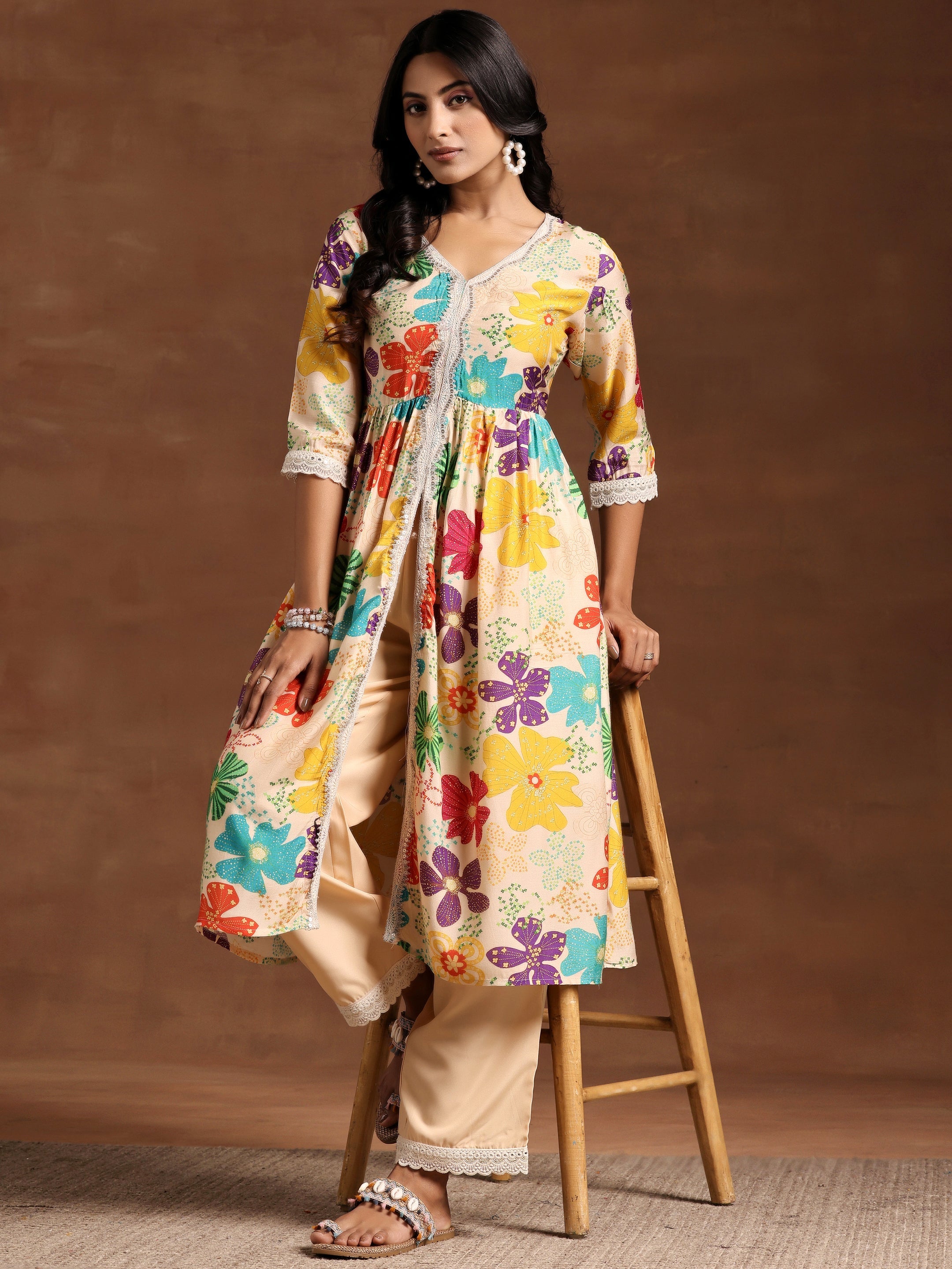 Beige Printed Silk Blend A-Line Kurta With Palazzos