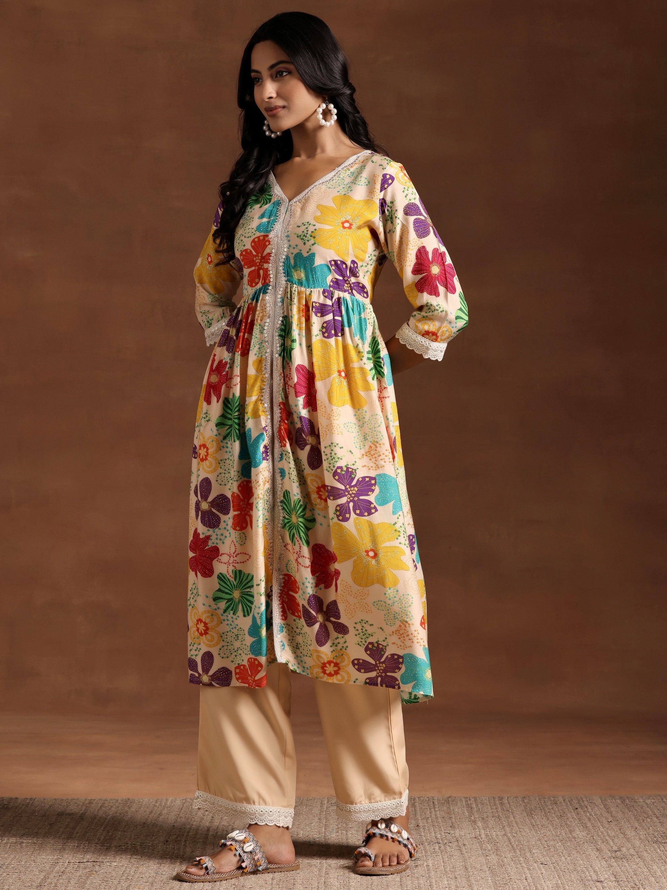 Beige Printed Silk Blend A-Line Kurta With Palazzos