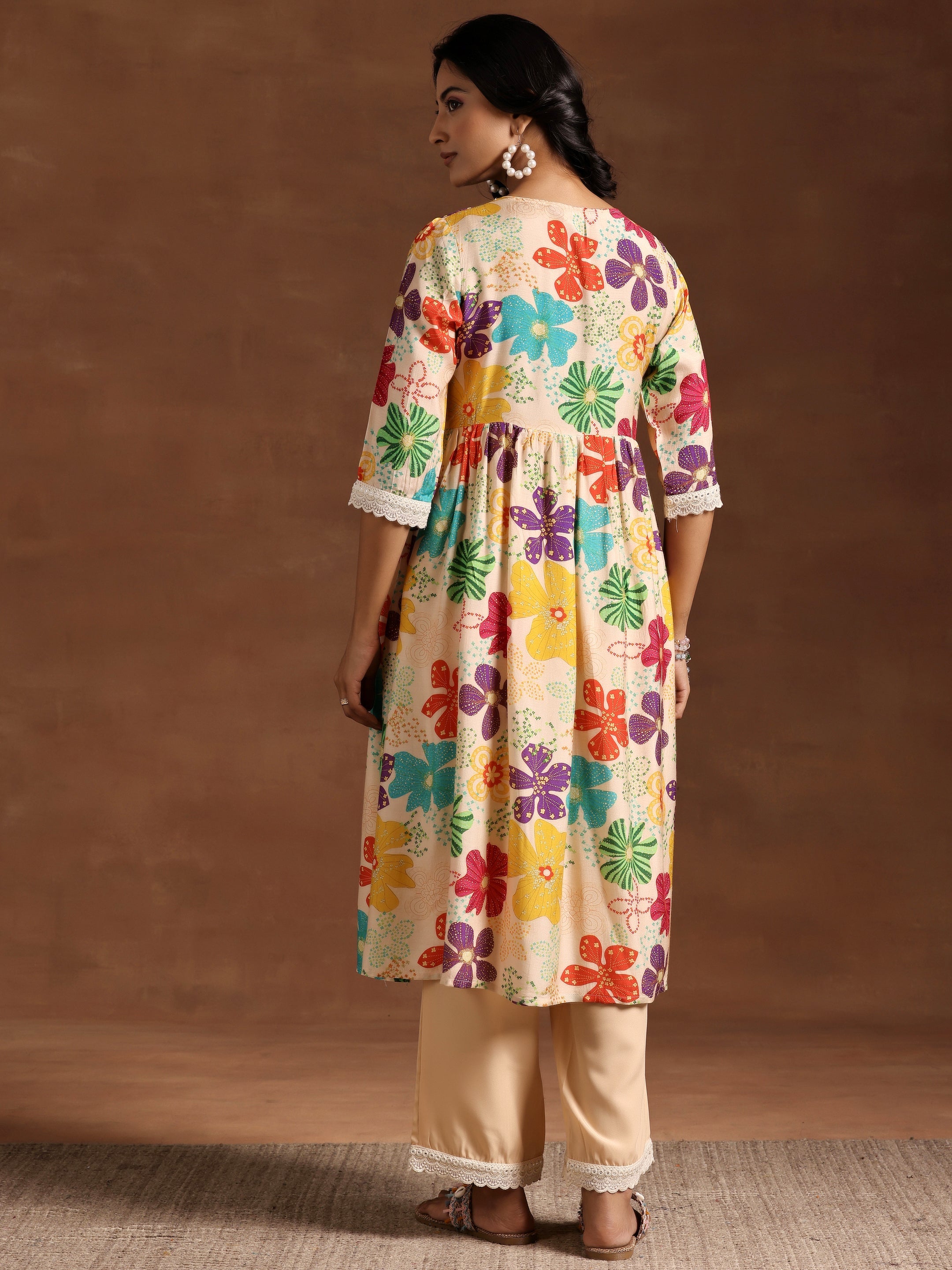 Beige Printed Silk Blend A-Line Kurta With Palazzos