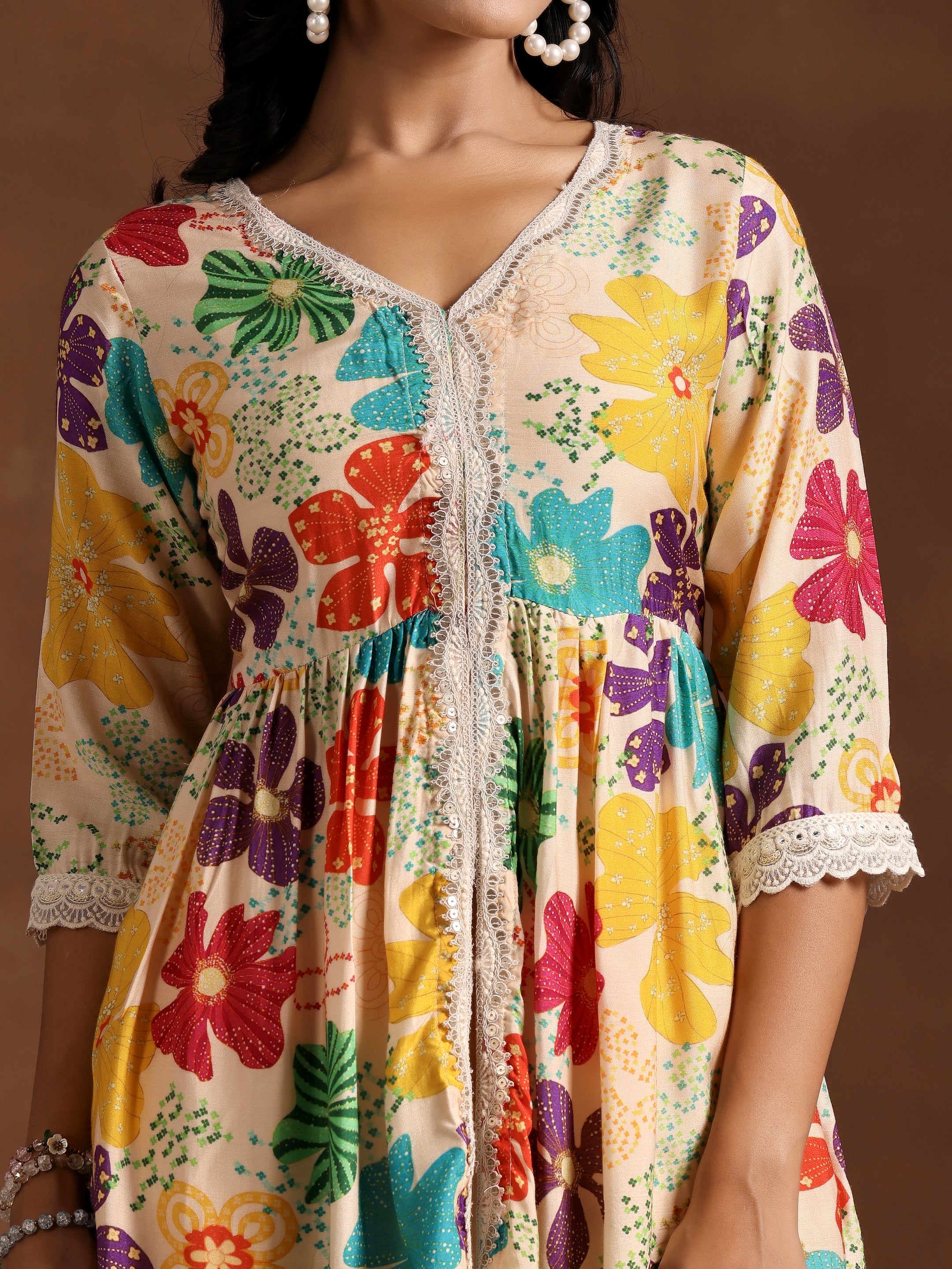 Beige Printed Silk Blend A-Line Kurta With Palazzos