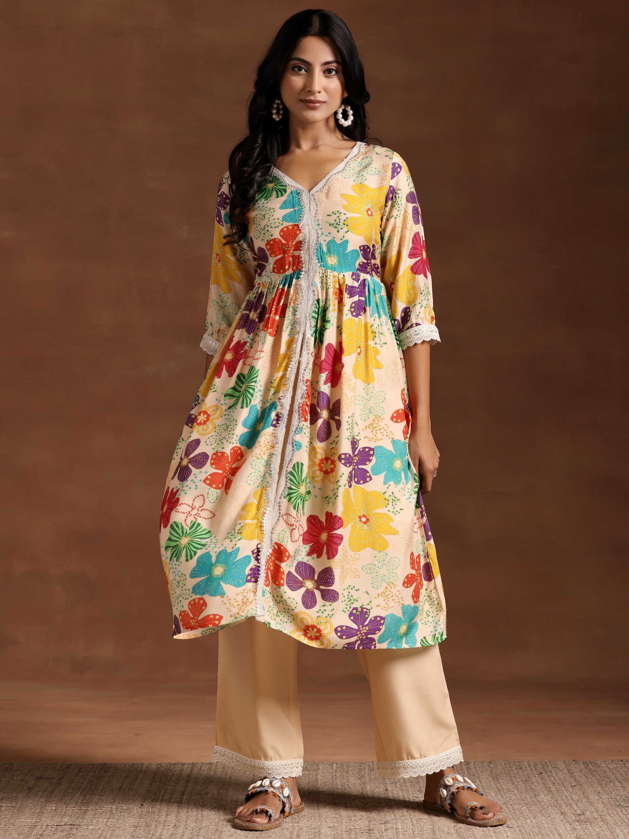 Beige Printed Silk Blend A-Line Kurta With Palazzos