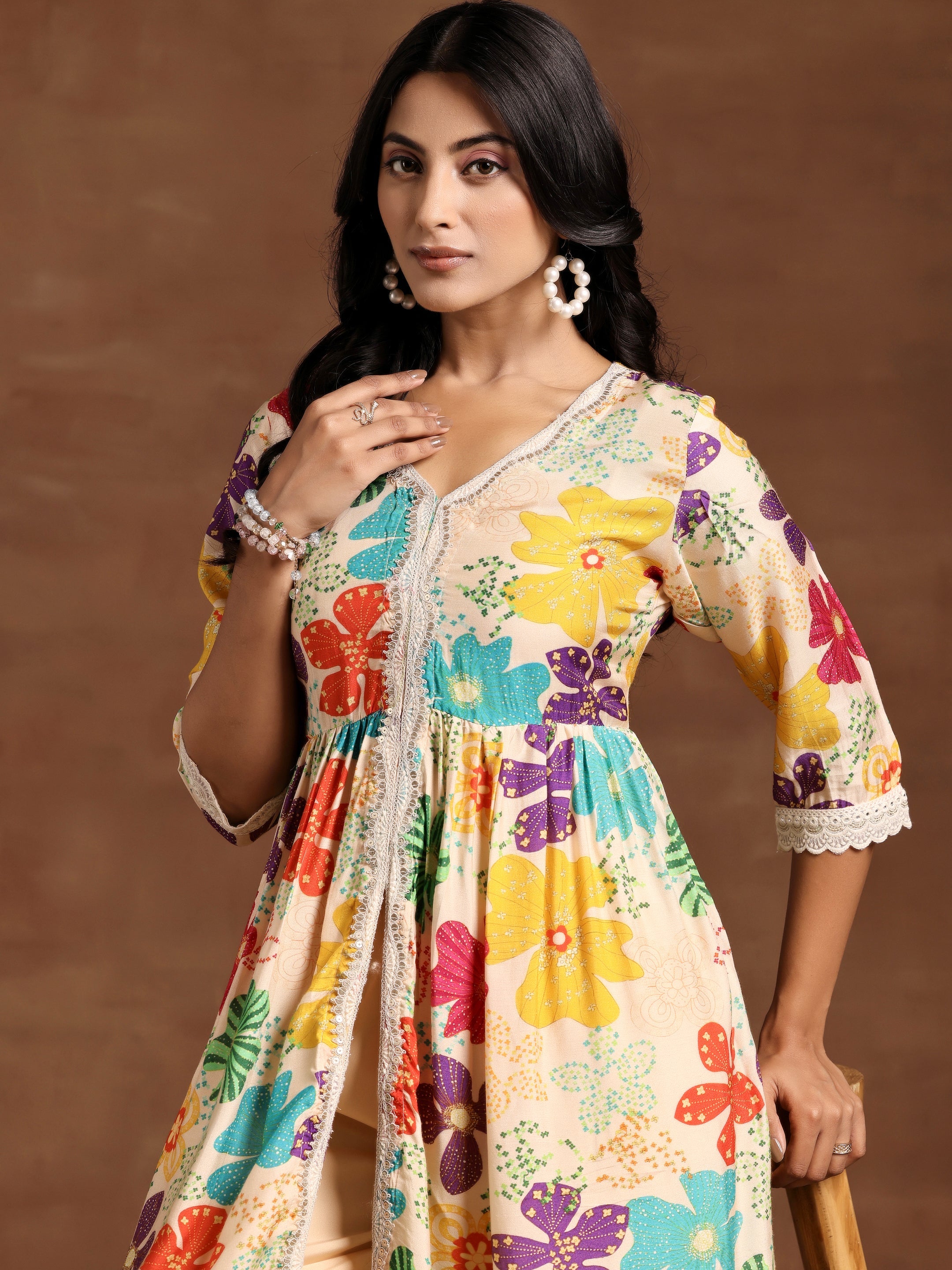 Beige Printed Silk Blend A-Line Kurta With Palazzos