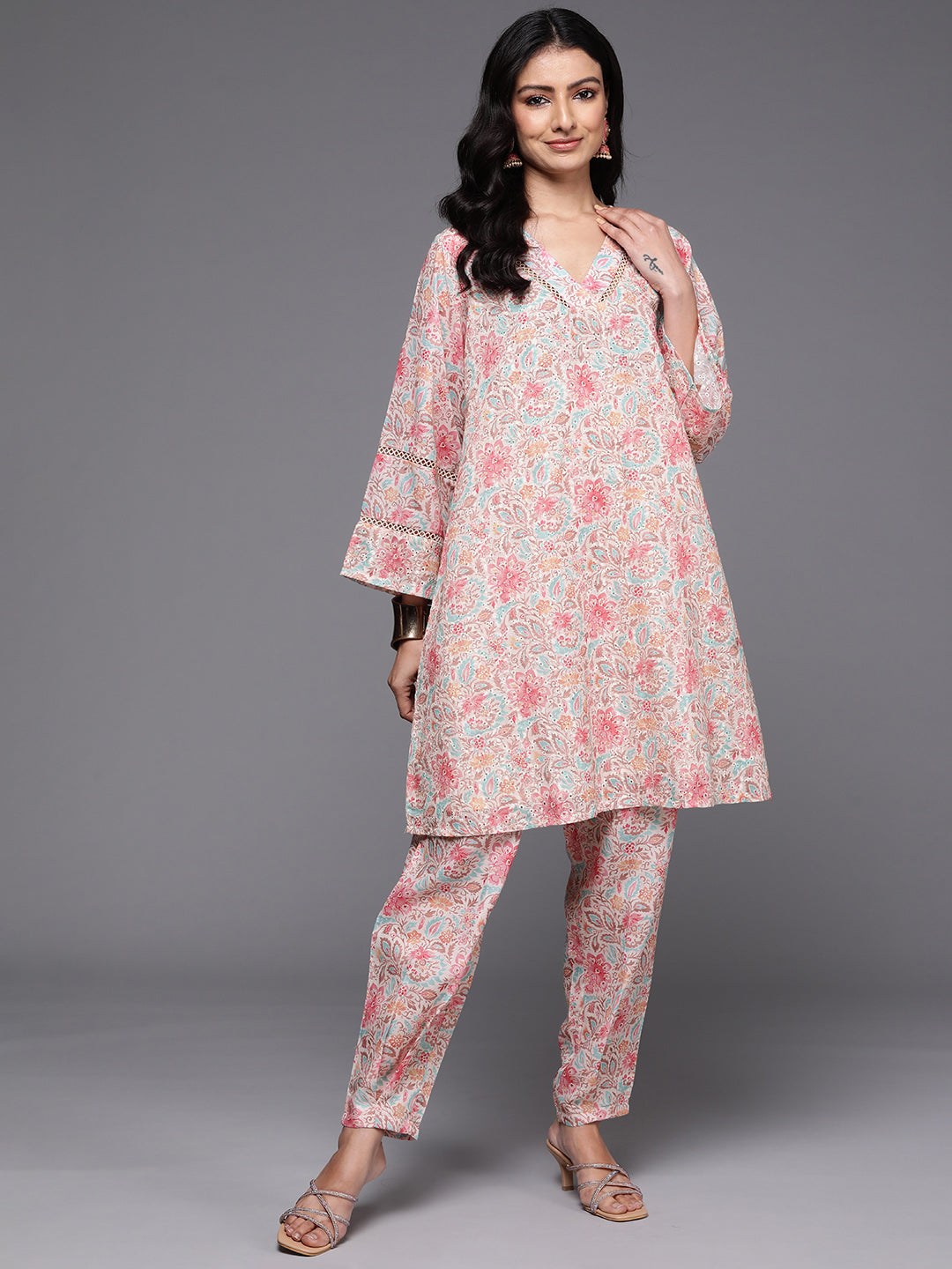 Beige Printed Cotton Straight Kurta Set