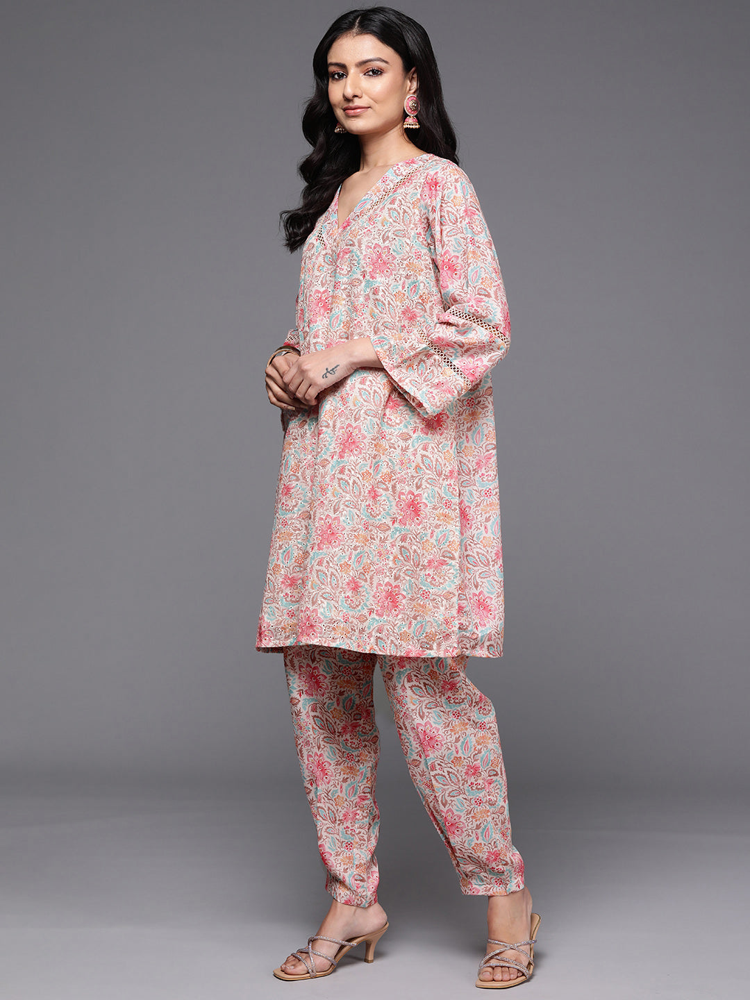 Beige Printed Cotton Straight Kurta Set