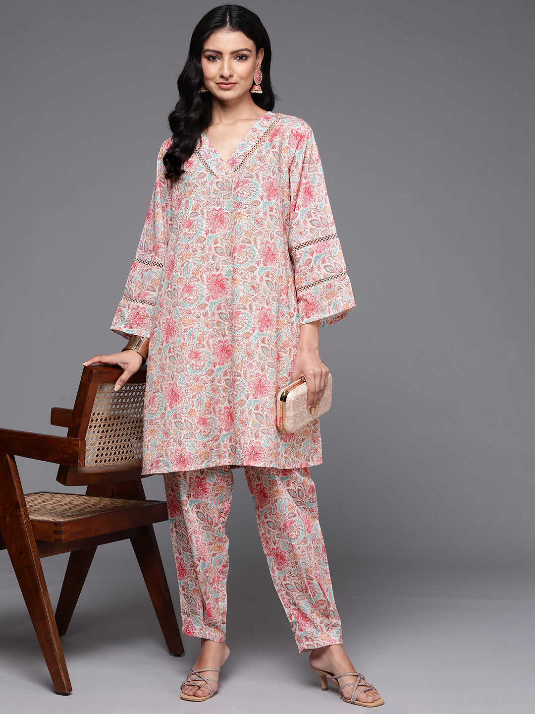 Beige Printed Cotton Straight Kurta Set