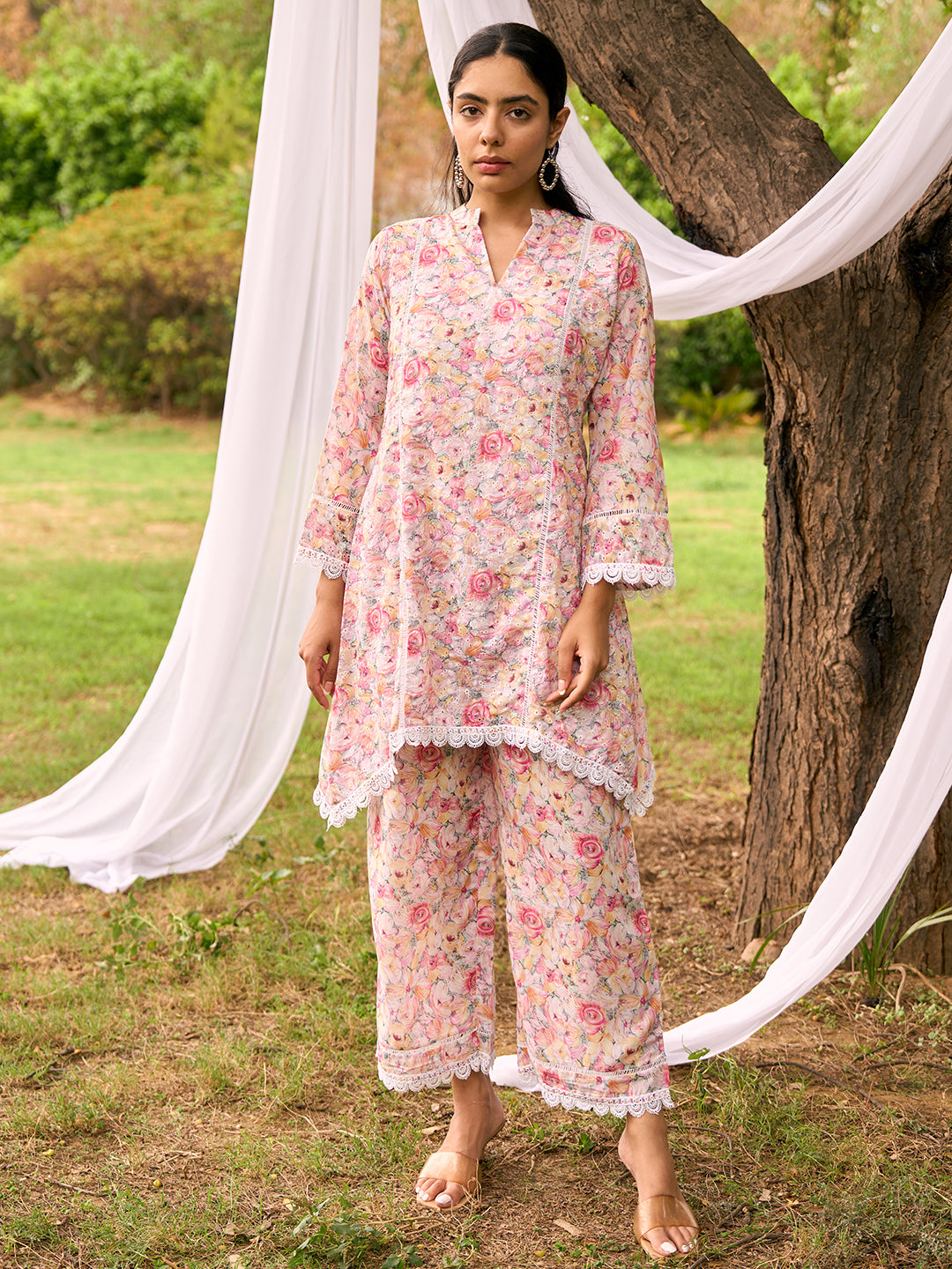 Multi Printed Cotton A-Line Kurta With Palazzos