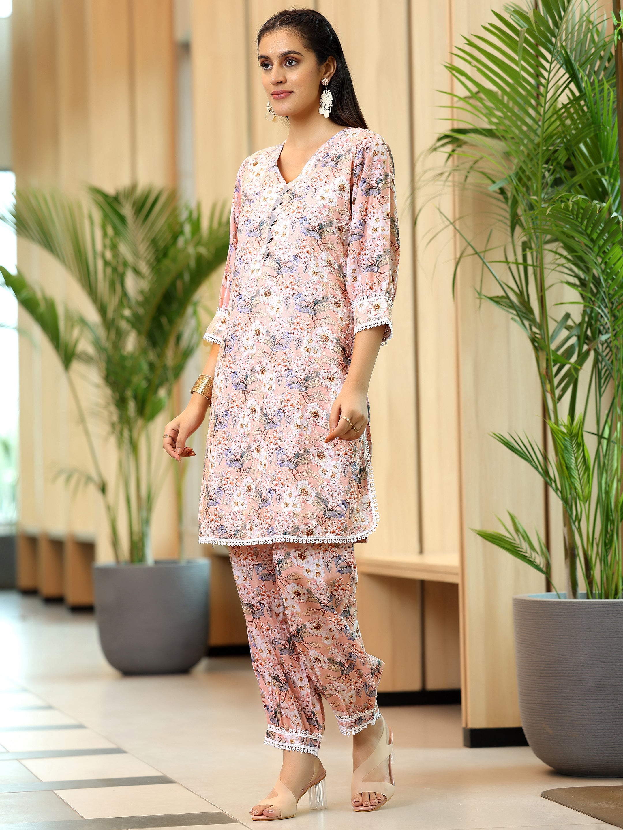 Peach Printed Cotton Straight Kurta Set