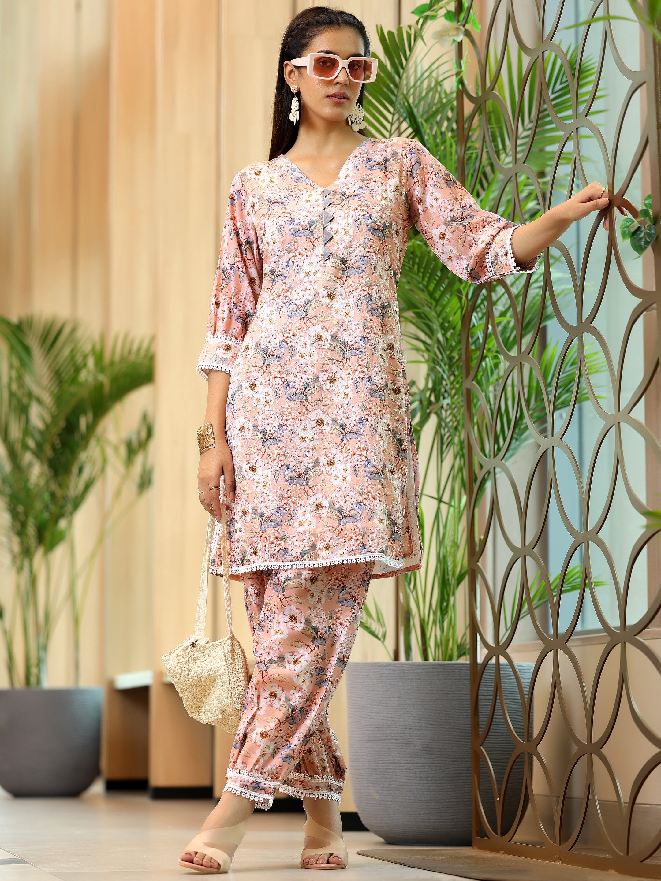 Peach Printed Cotton Straight Kurta Set