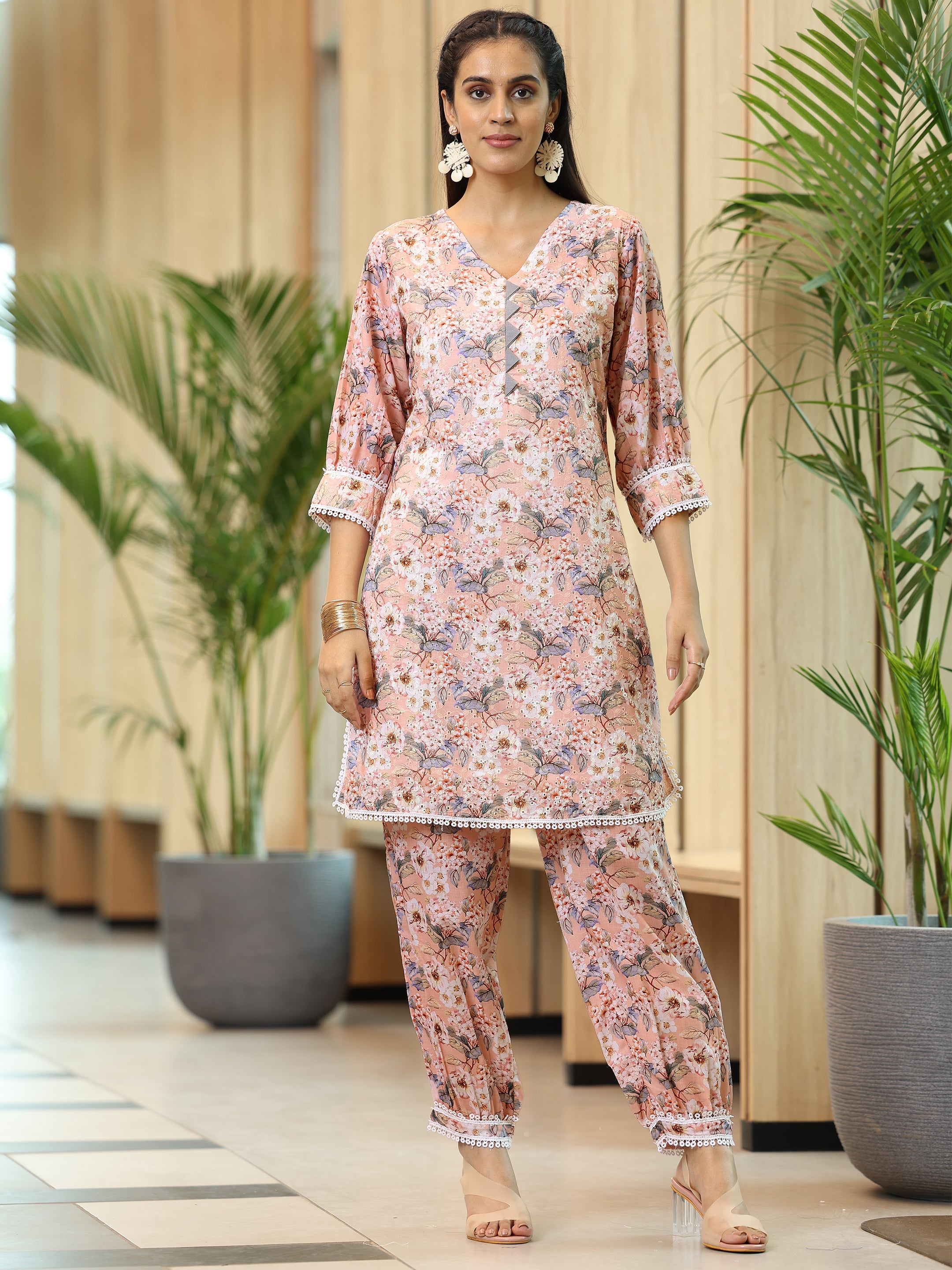 Peach Printed Cotton Straight Kurta Set