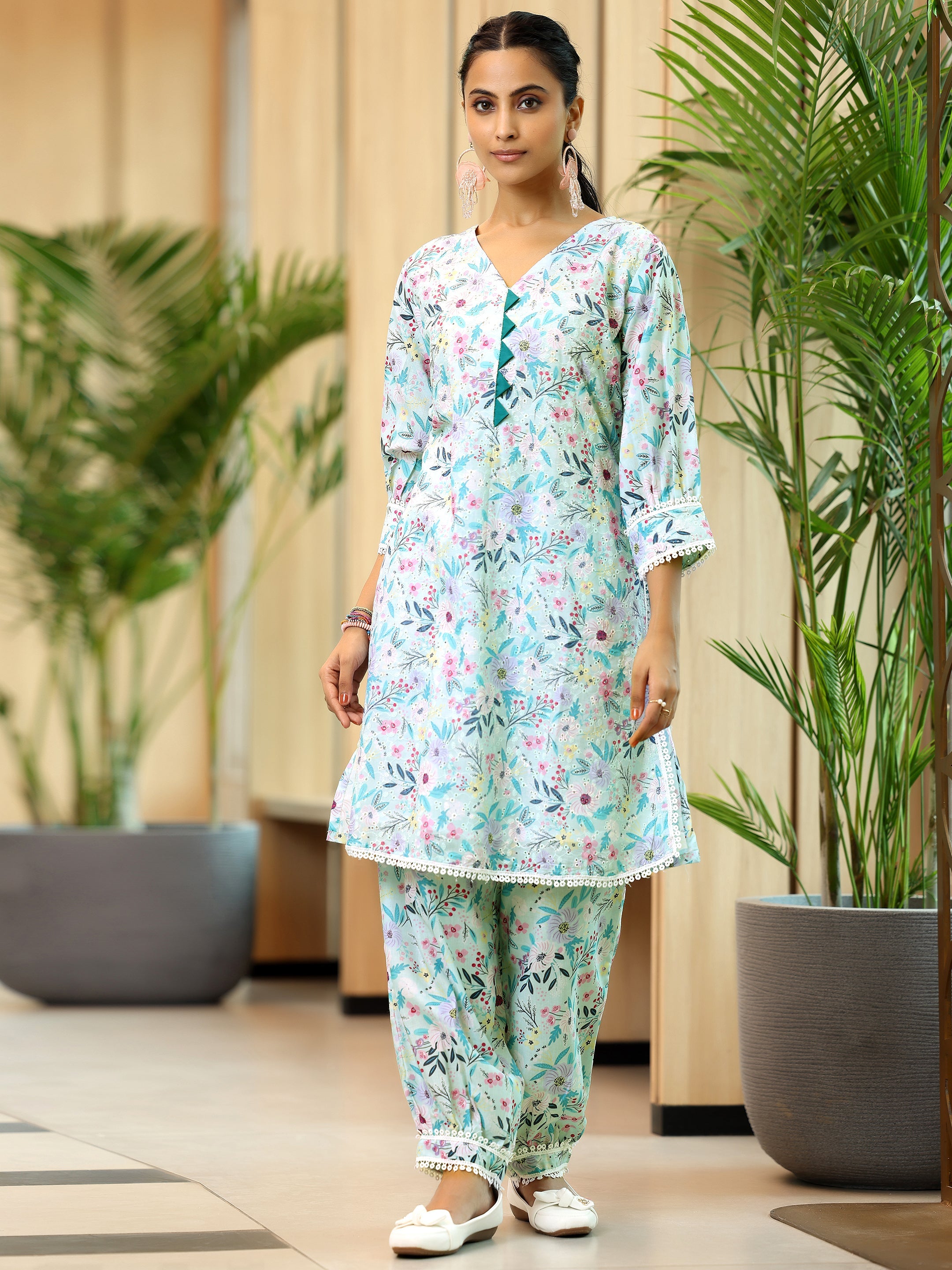 Blue Printed Cotton Straight Kurta Set