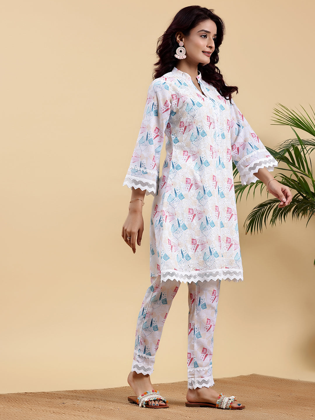 Cream Printed Cotton A-Line Kurta With Trousers