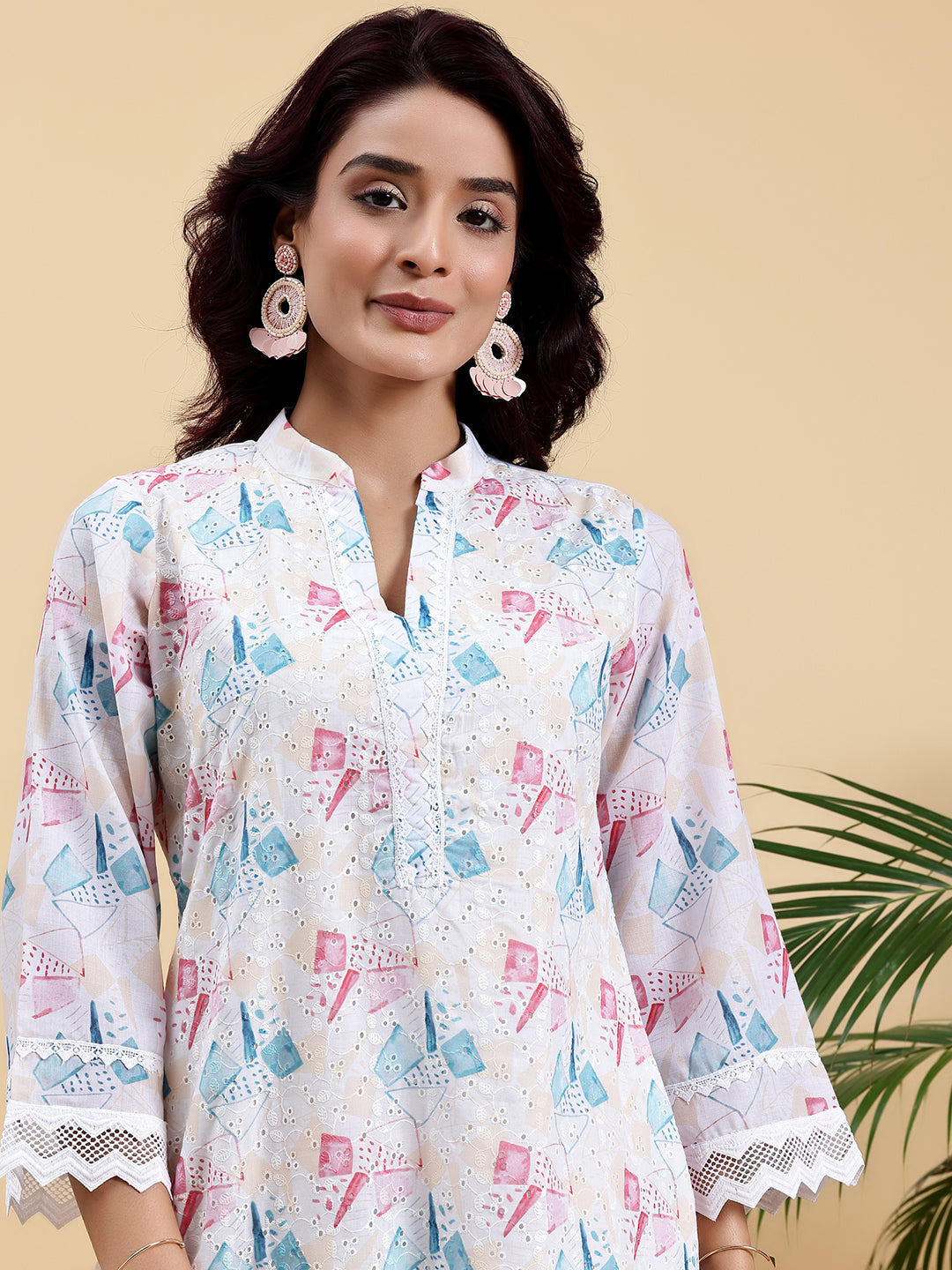 Cream Printed Cotton A-Line Kurta With Trousers