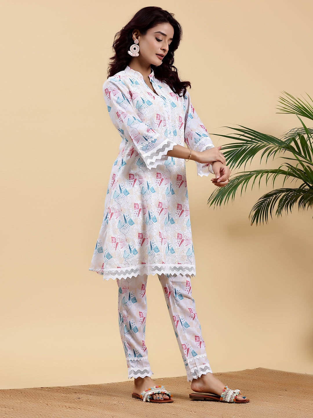 Cream Printed Cotton A-Line Kurta With Trousers