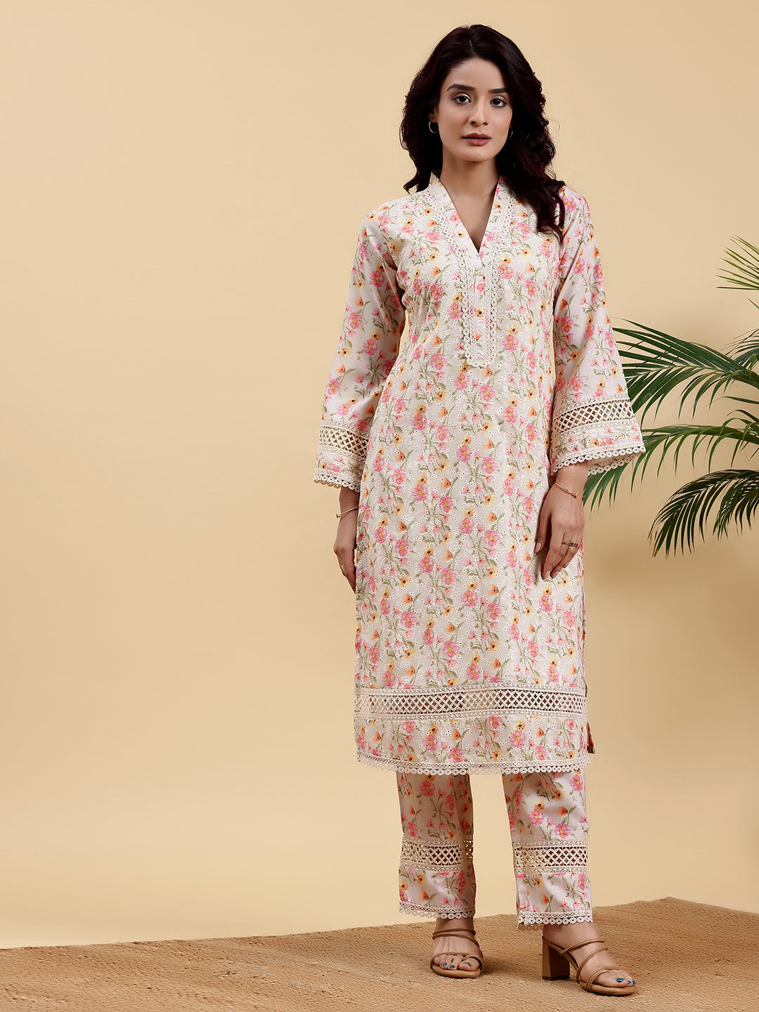 Beige Printed Cotton A-Line Kurta With Palazzos