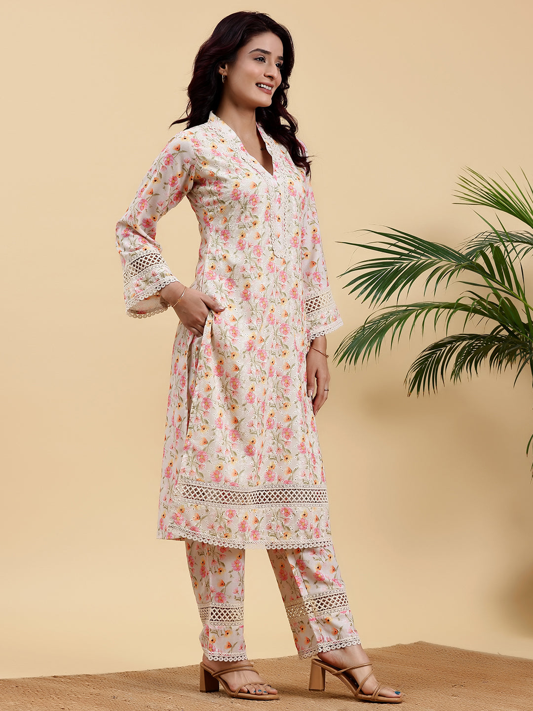 Beige Printed Cotton A-Line Kurta With Palazzos