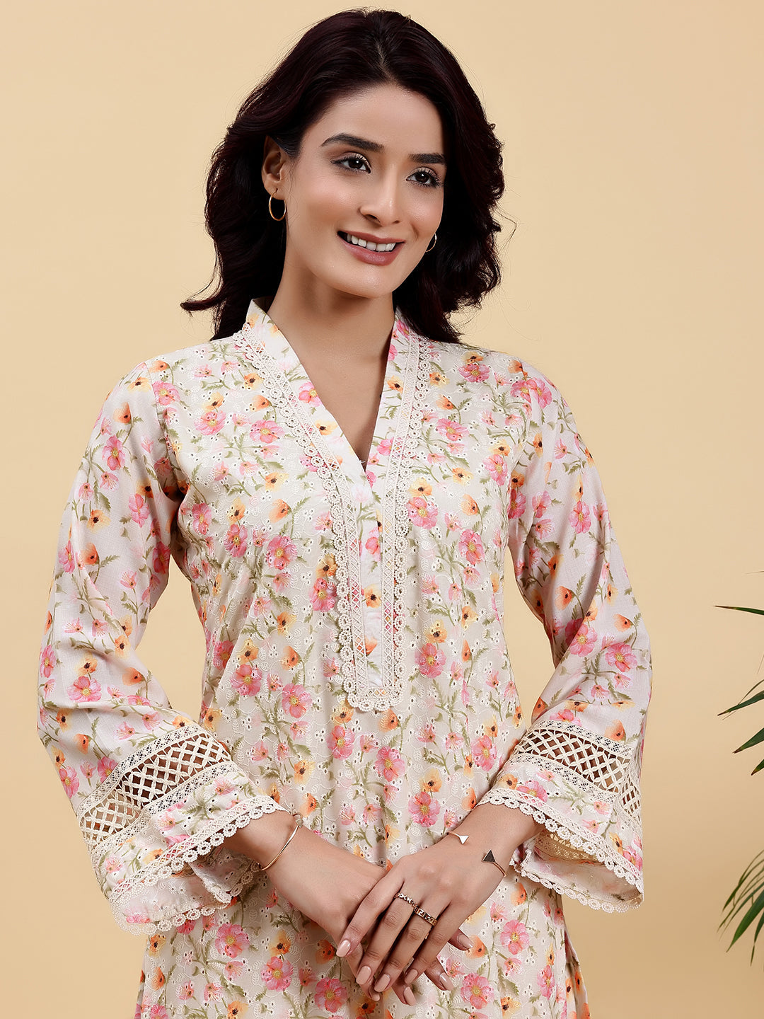 Beige Printed Cotton A-Line Kurta With Palazzos