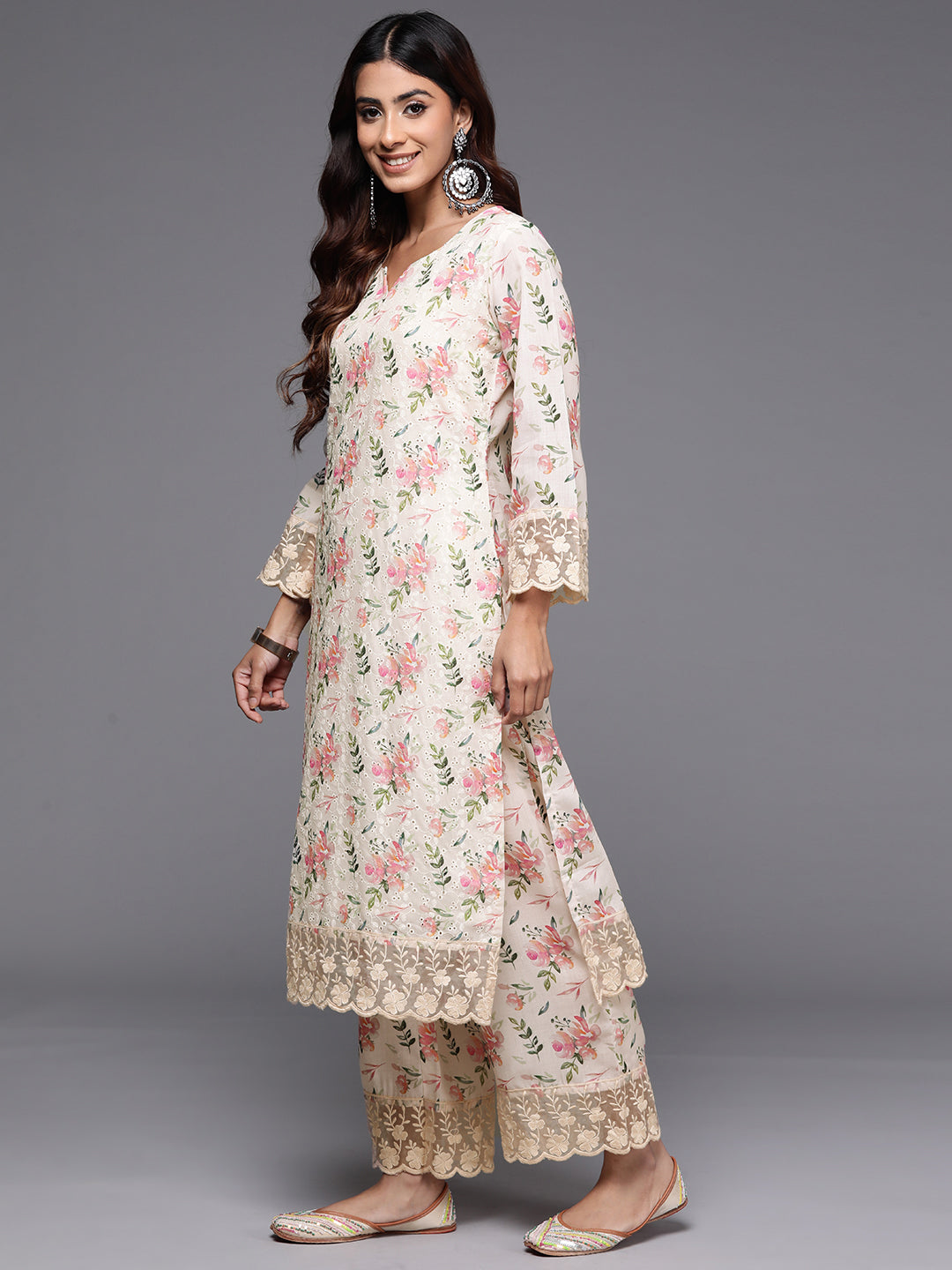 Beige Printed Cotton Straight Kurta Set