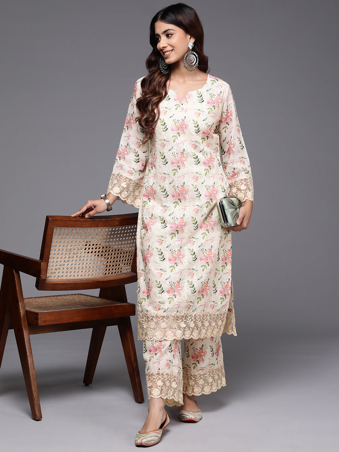 Beige Printed Cotton Straight Kurta Set