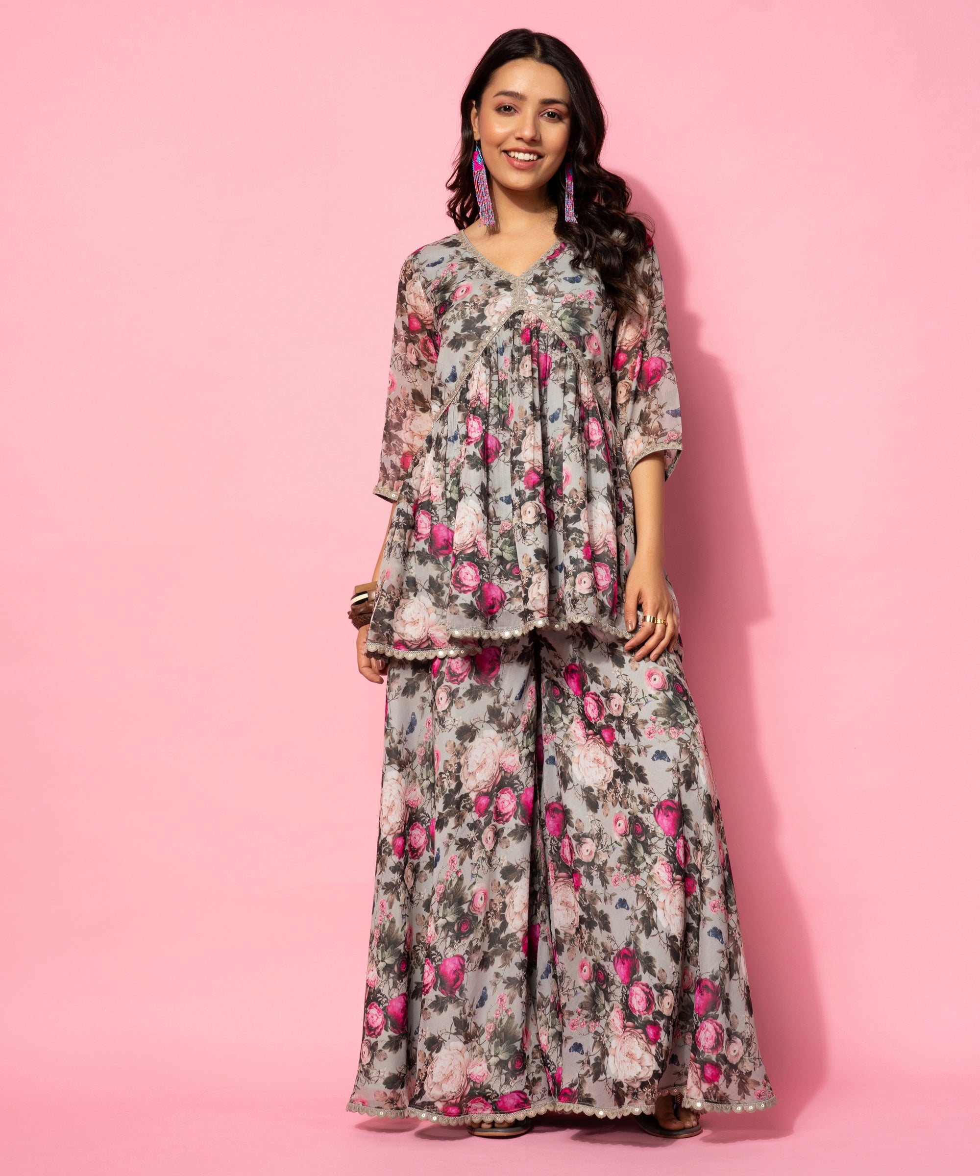 Grey Printed Georgette Co-Ords