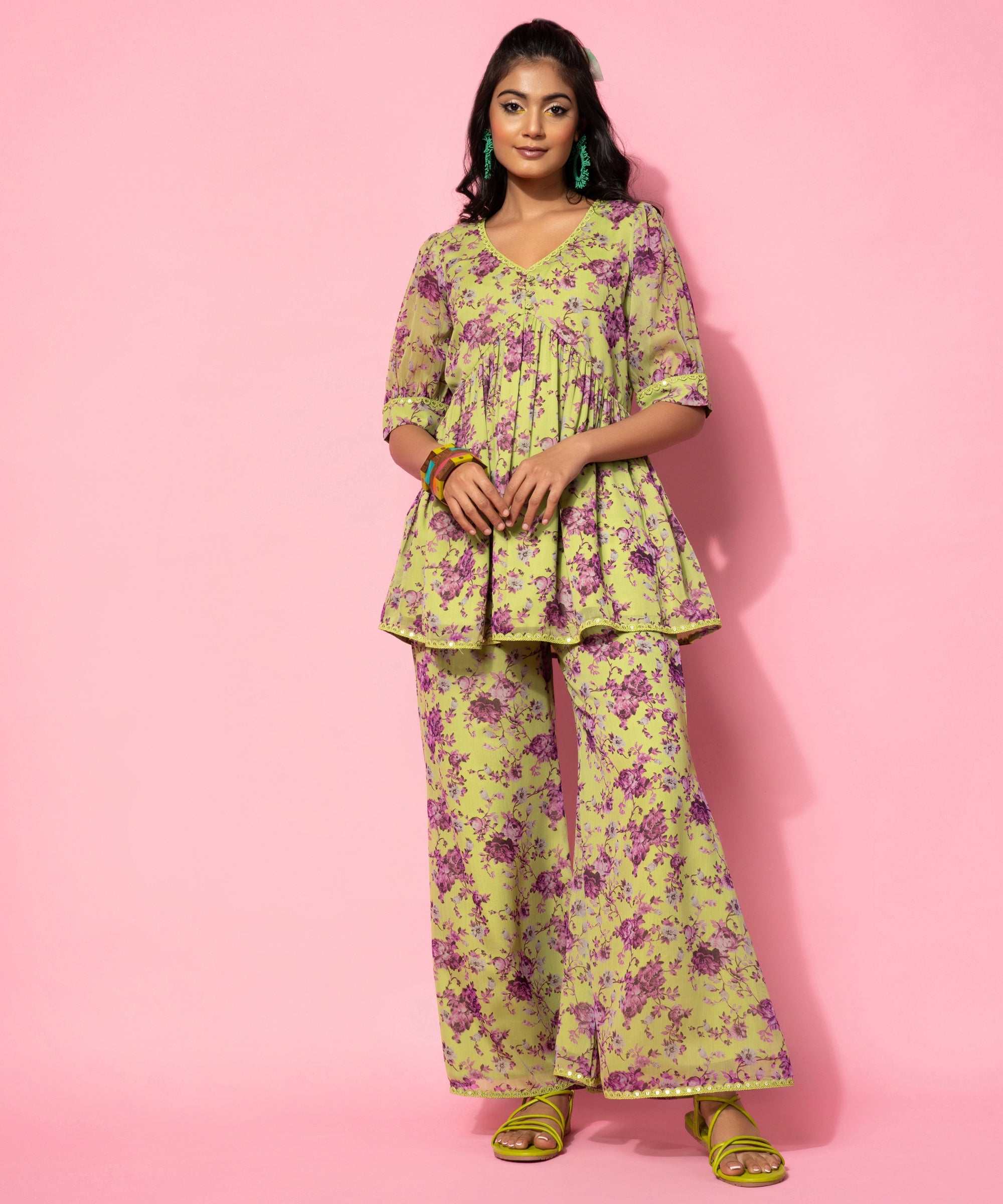 Green Printed Georgette Co-Ords