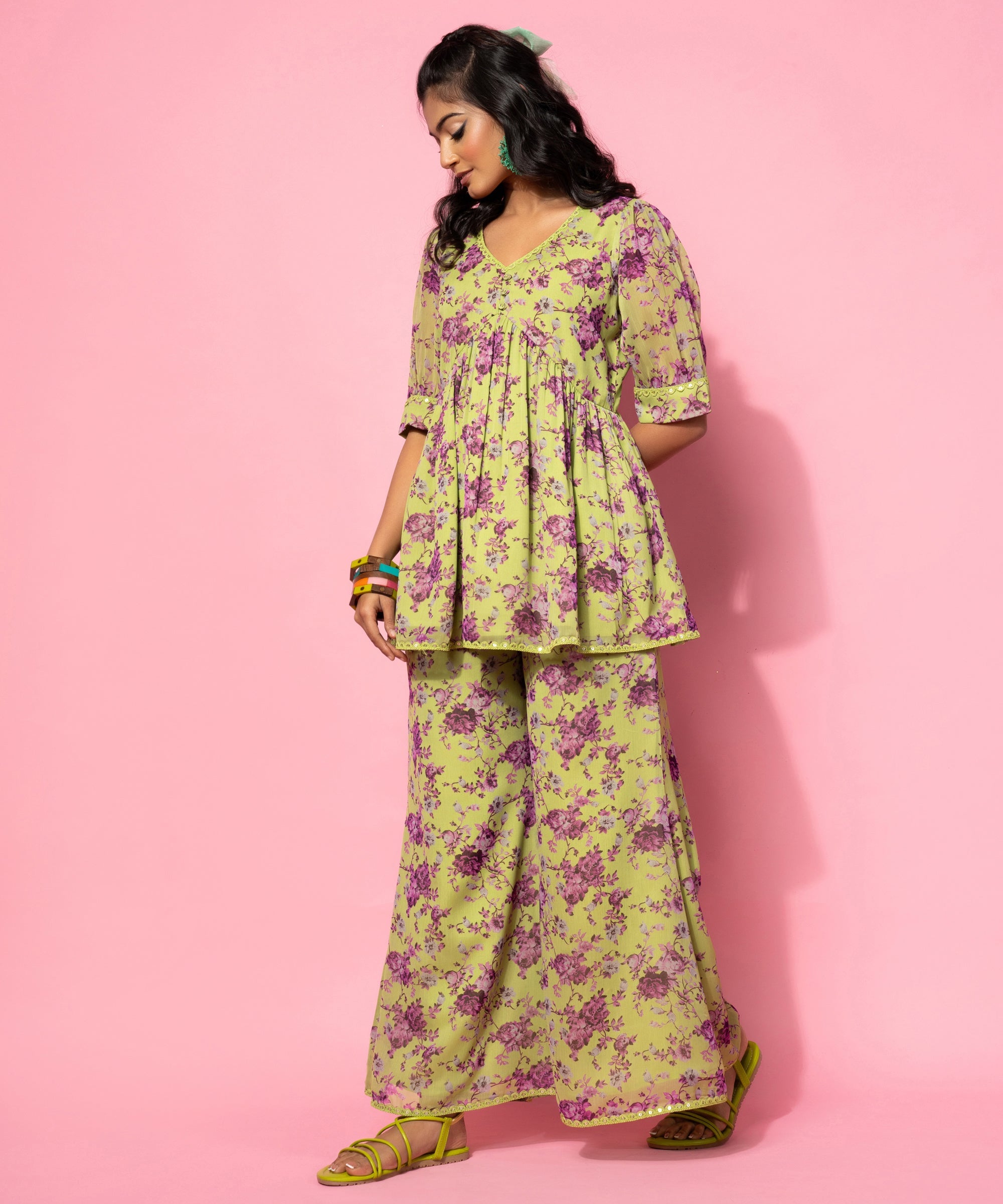 Green Printed Georgette Co-Ords